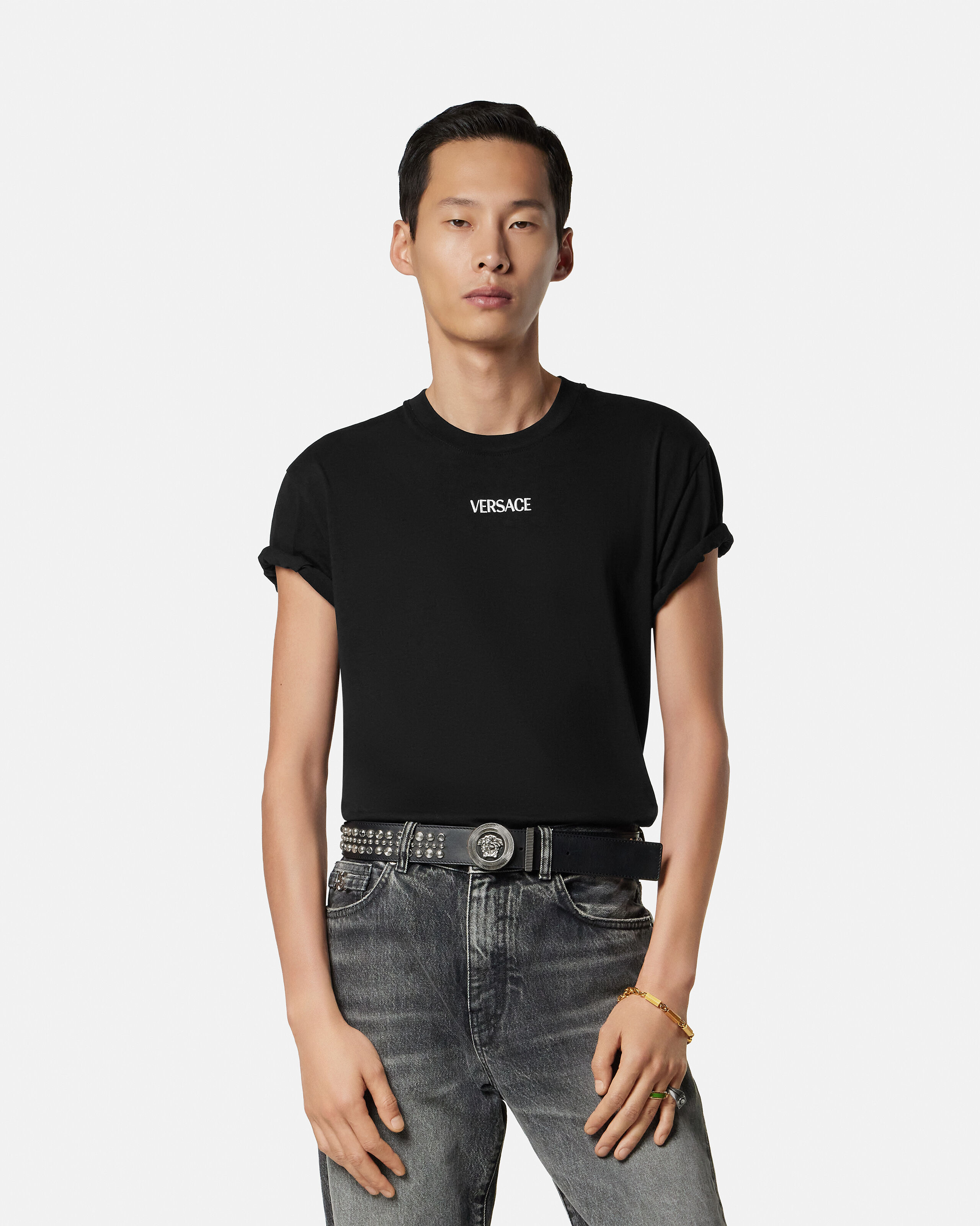 Embroidered Cotton-Jersey Slim T-Shirt Black | VERSACE US