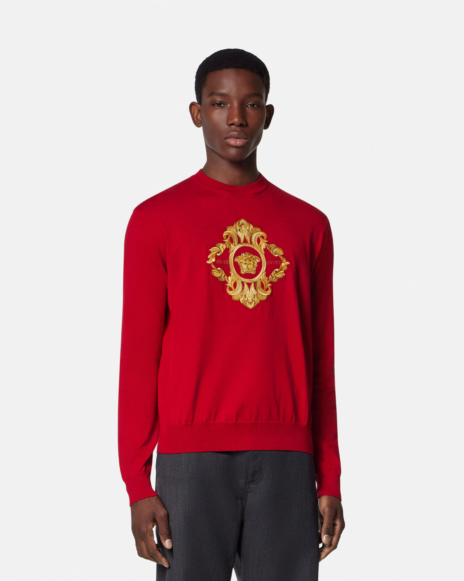Embroidered Architectural Baroque Sweater Burgundy | VERSACE US