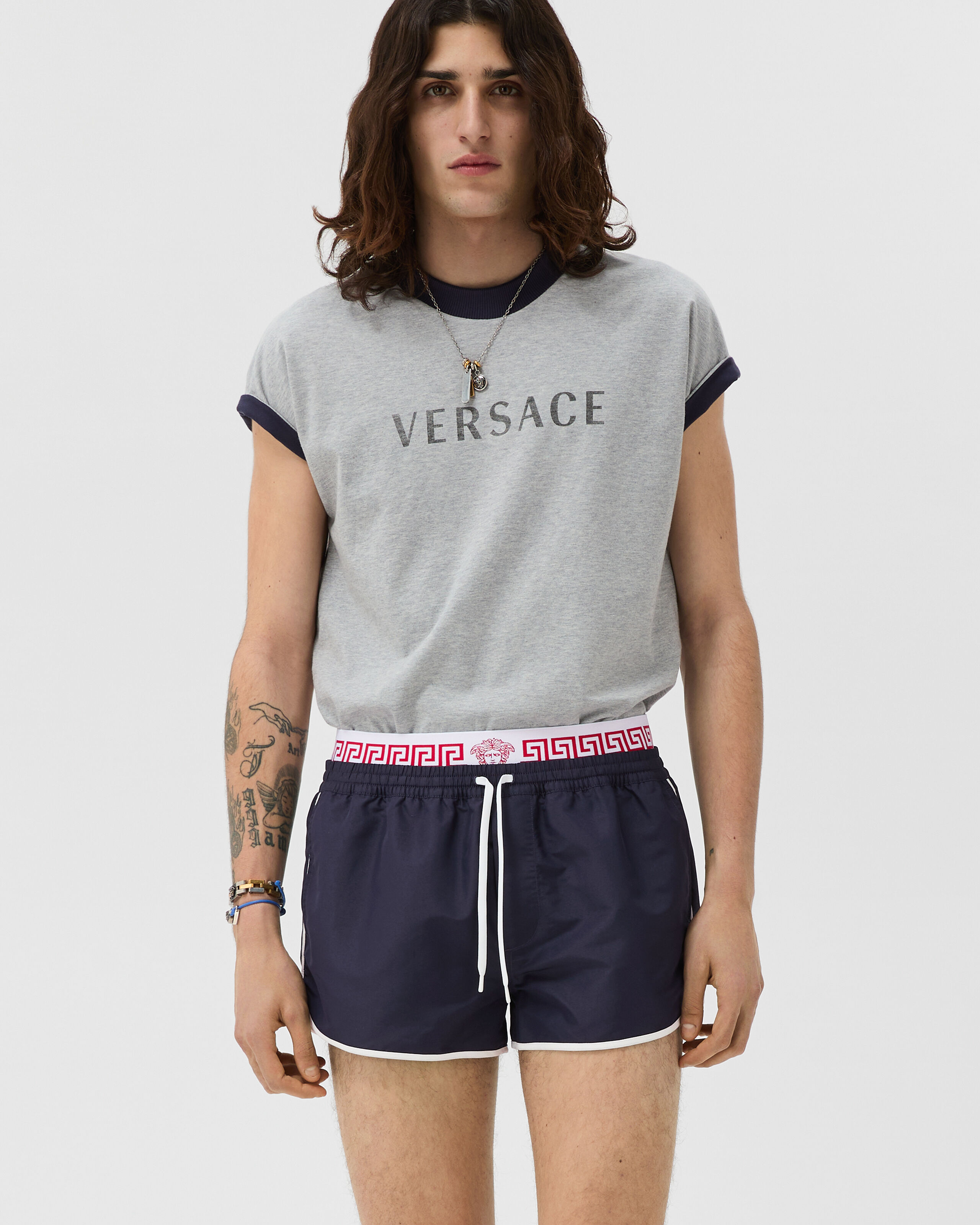 Double-Waistband Swim Shorts Blue | VERSACE US