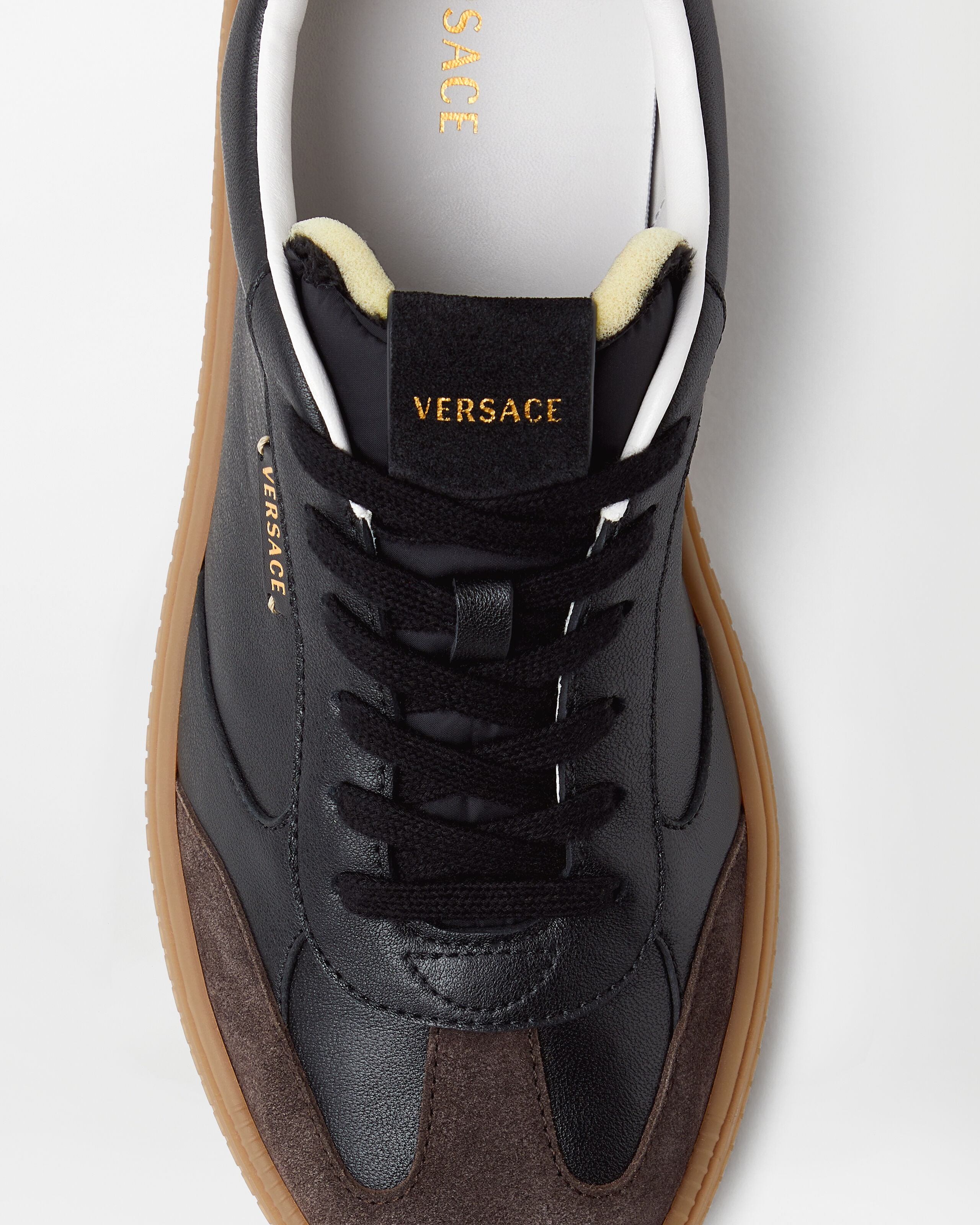 Greca Court Nappa & Suede Sneakers Black,Brown | VERSACE US