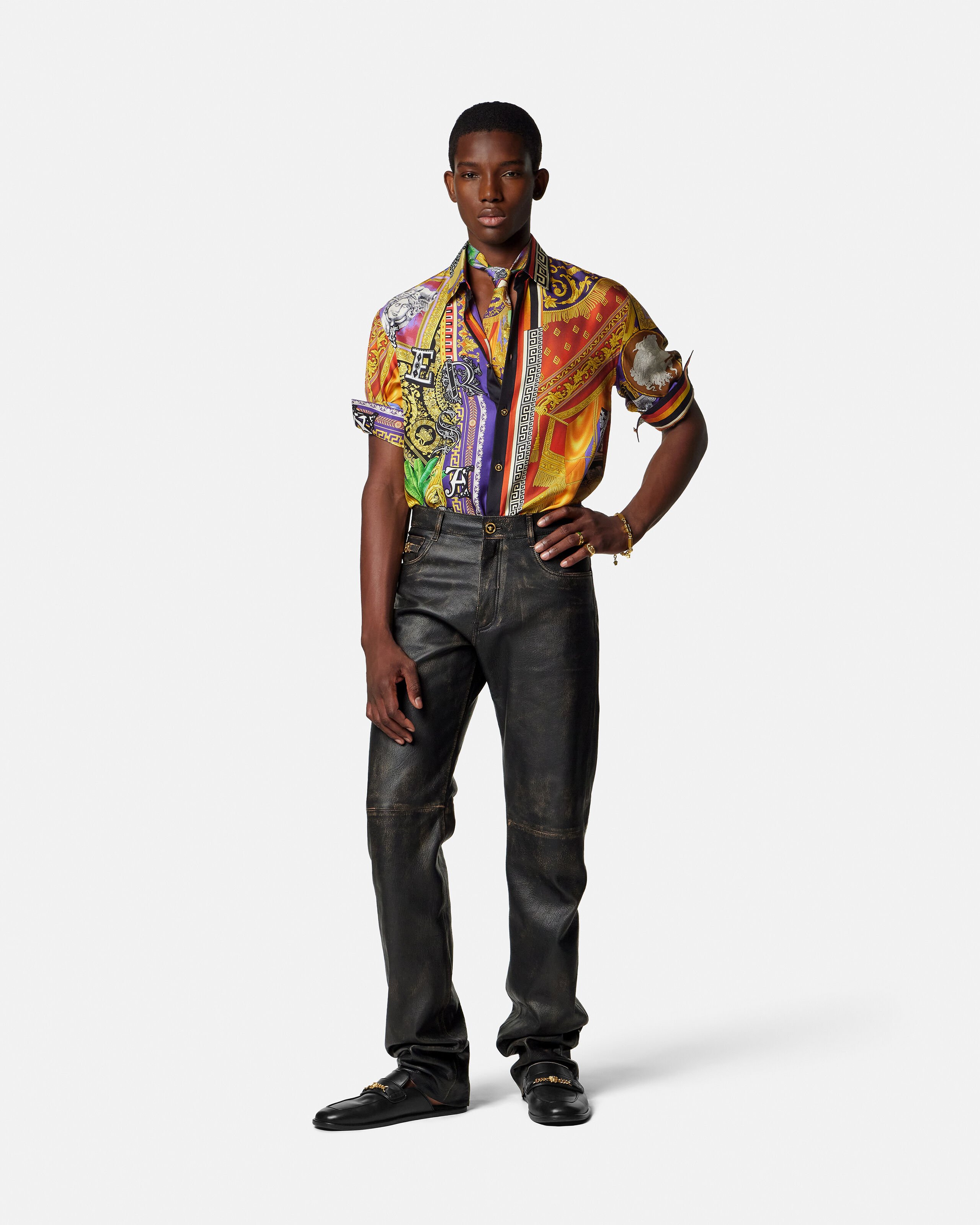 Distressed Leather Pants Black | VERSACE US