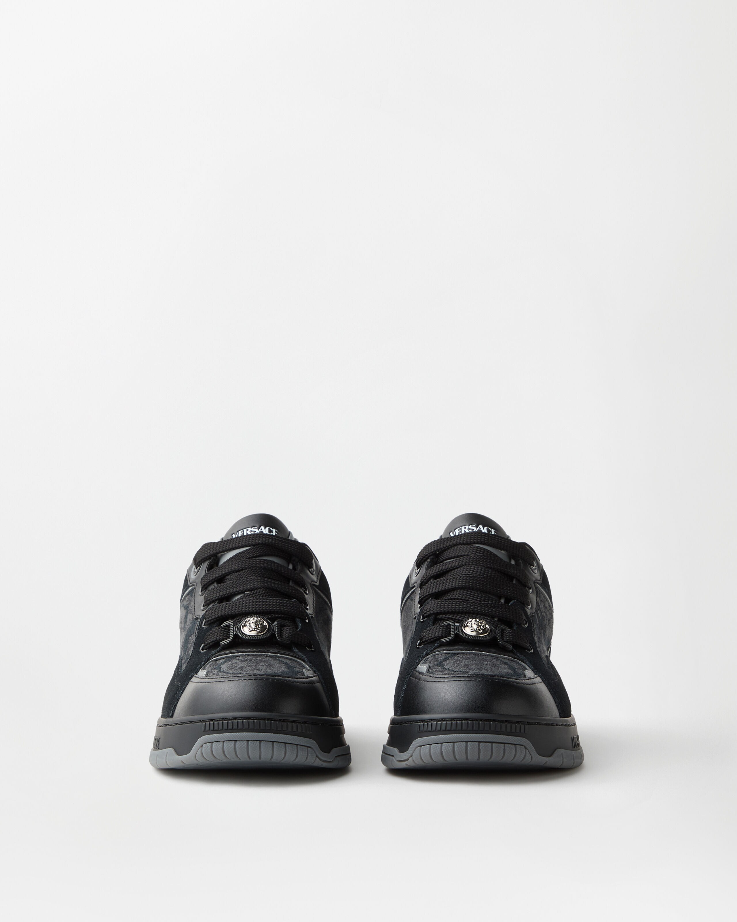 Biggie Basket Jacquard Leather Sneakers Black | VERSACE US
