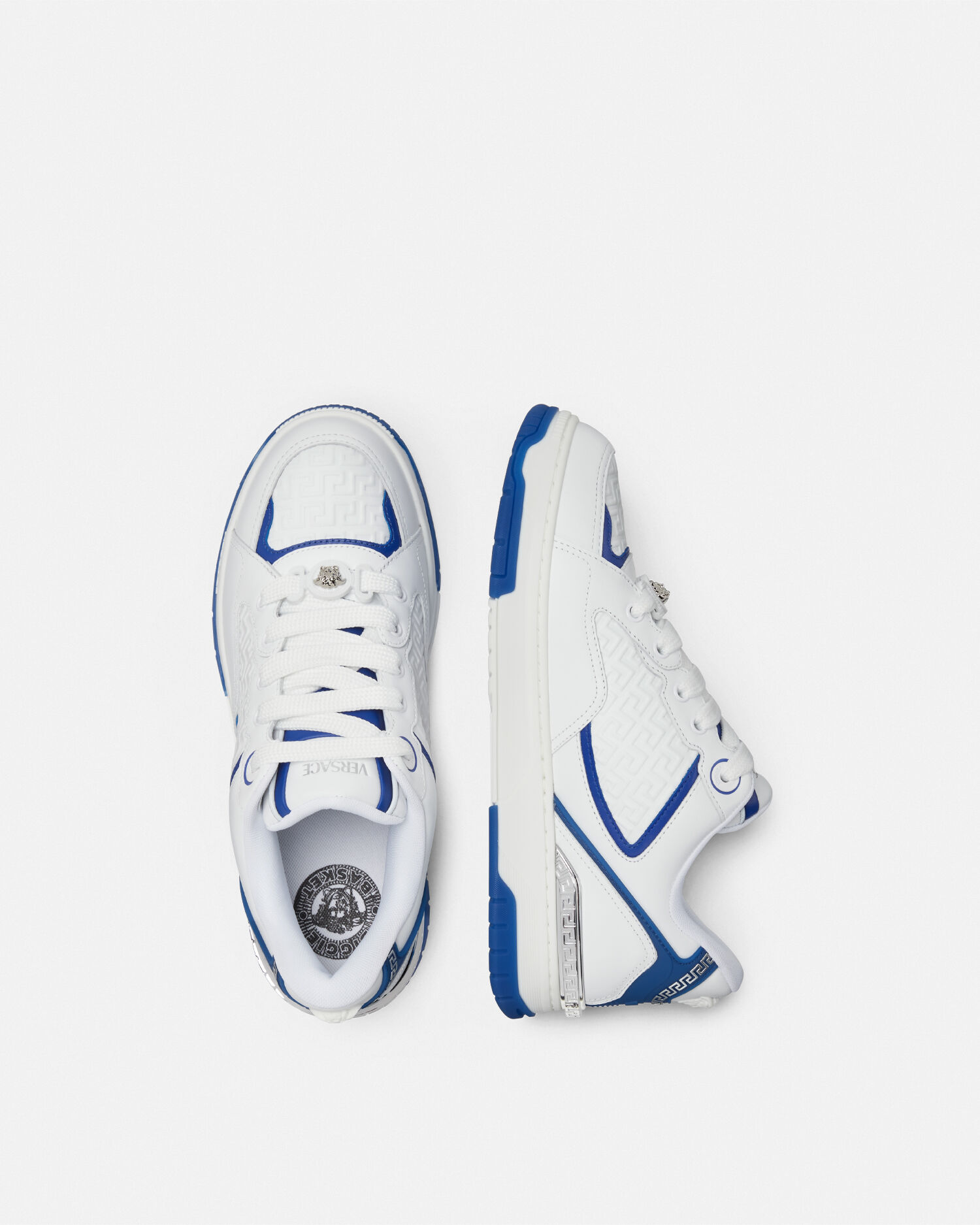Biggie Basket Leather Sneakers White,Blue | VERSACE US