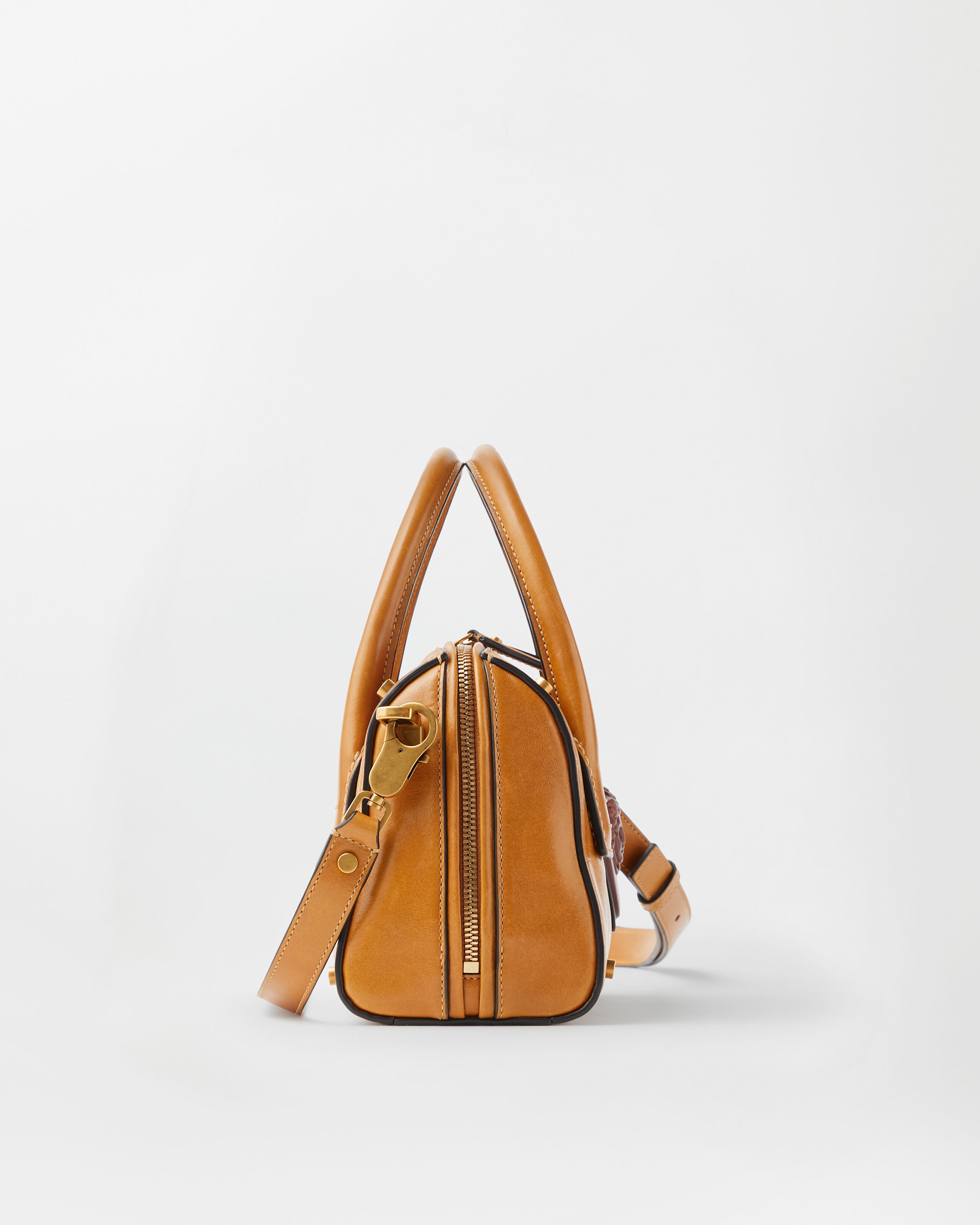 Roomy Small Leather Boston Bag Brown | VERSACE US