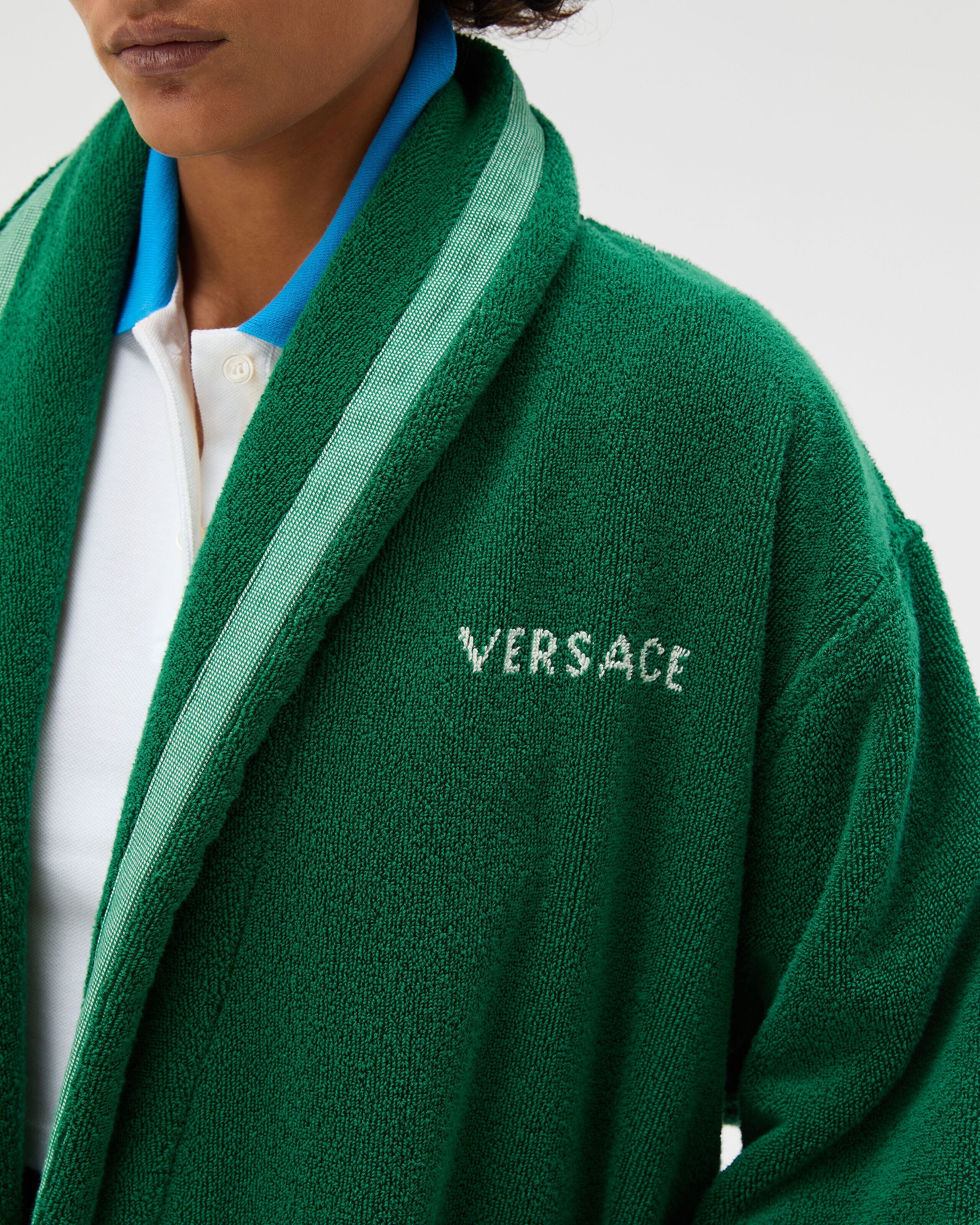 Cotton-Terry Jacquard Bathrobe Green | VERSACE US