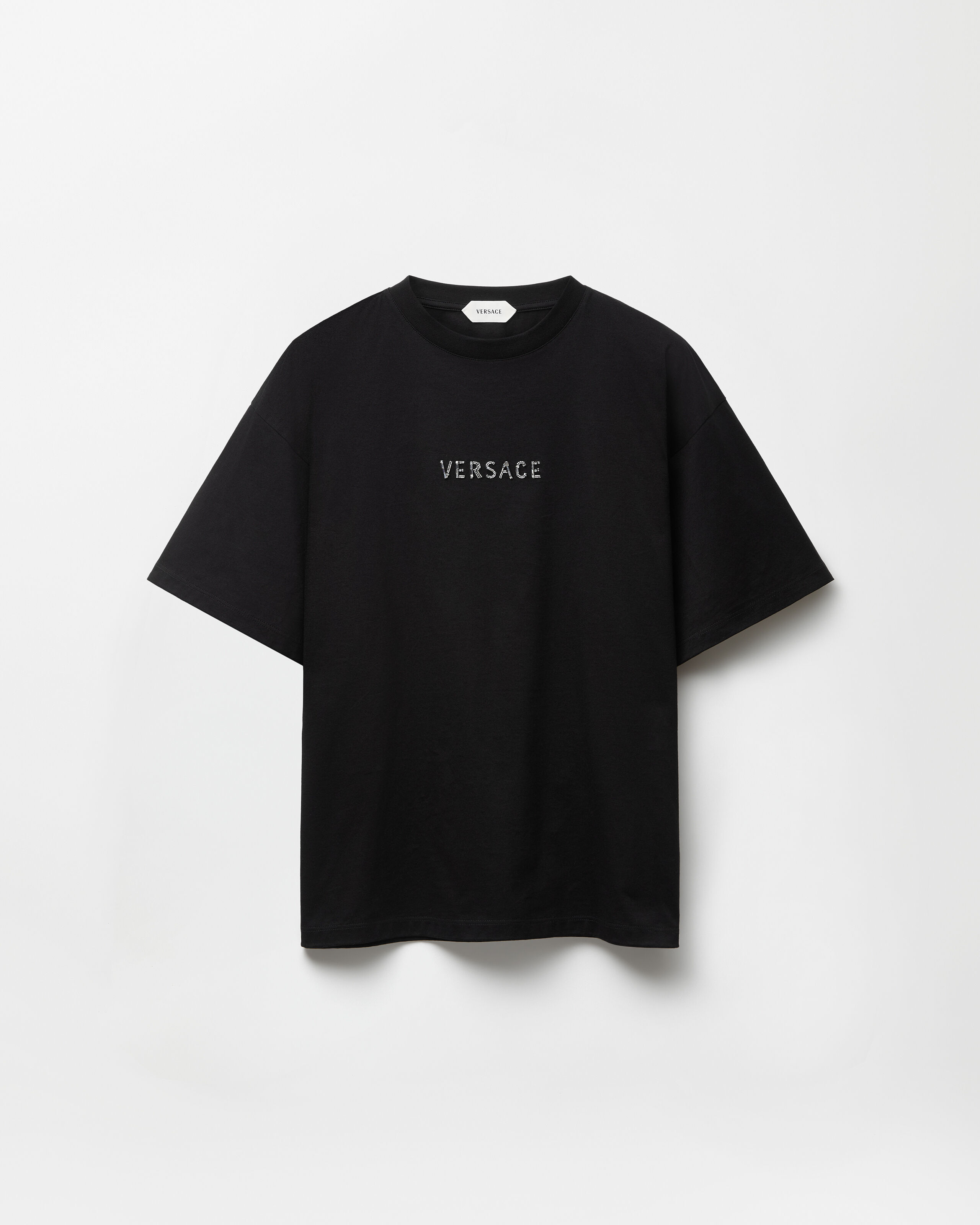 Embroidered-Logo Cotton-Jersey Regular T-shirt Black | VERSACE IN