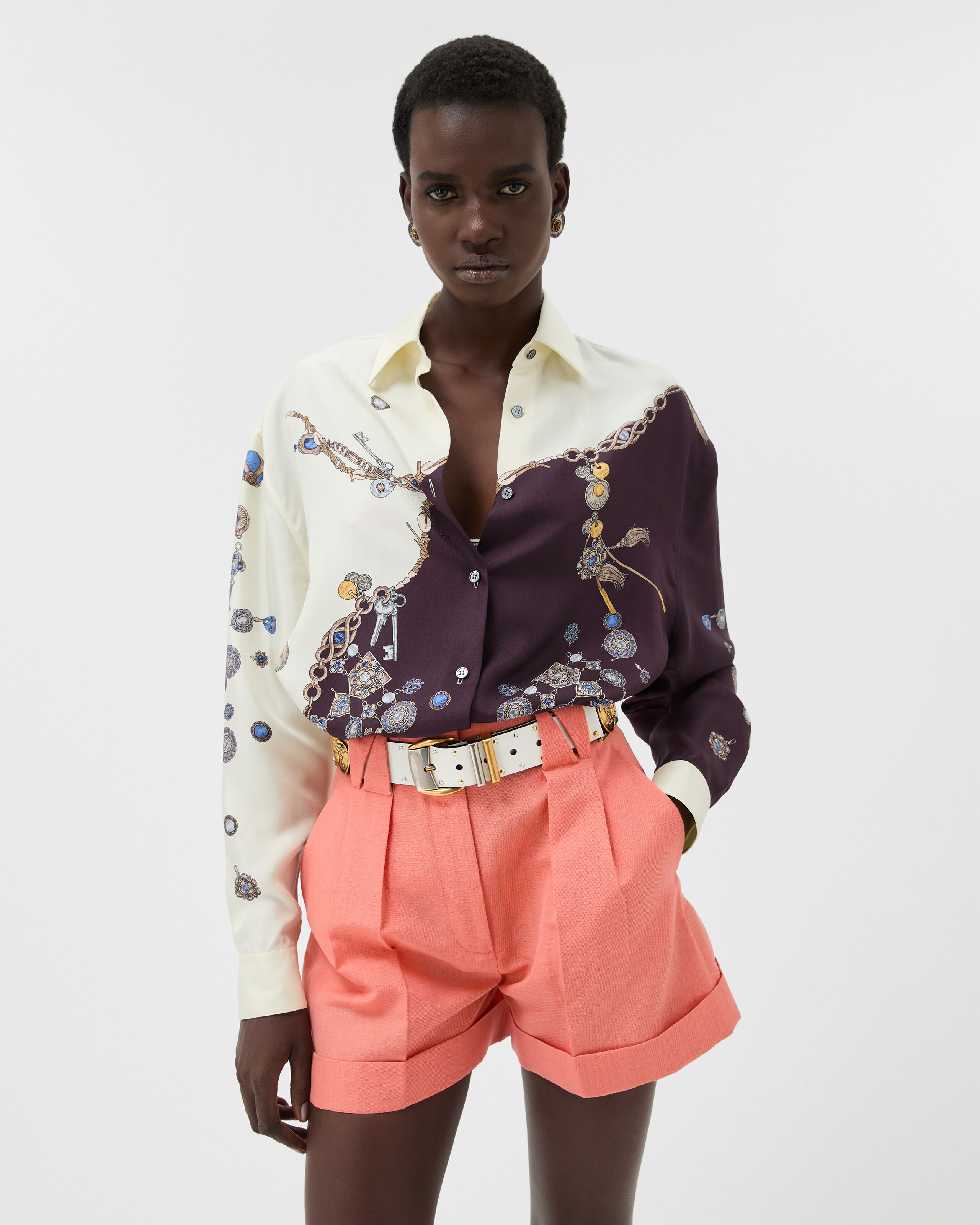 Printed Silk Twill Shirt Purple,White | VERSACE