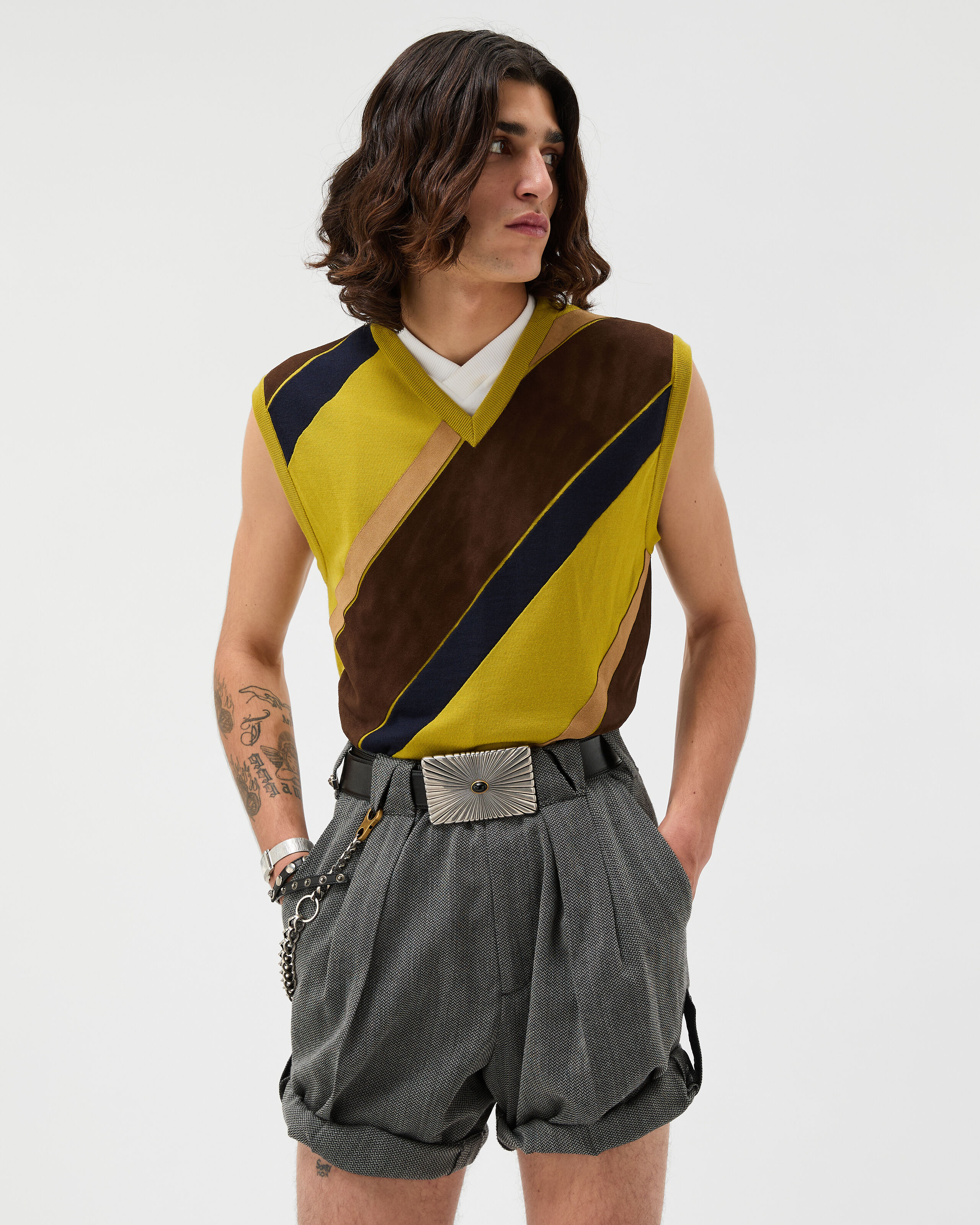 Intarsia-Wool & Leather Patchwork Vest Brown,Yellow | VERSACE US