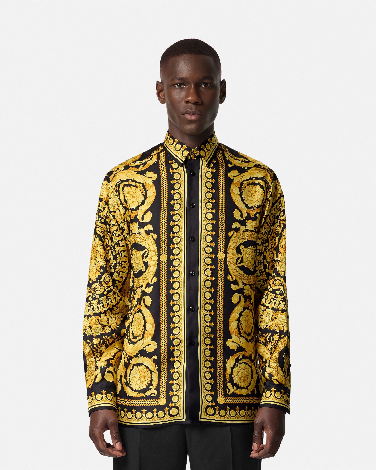 Printed Silk Twill Shirt Black,Print | VERSACE US