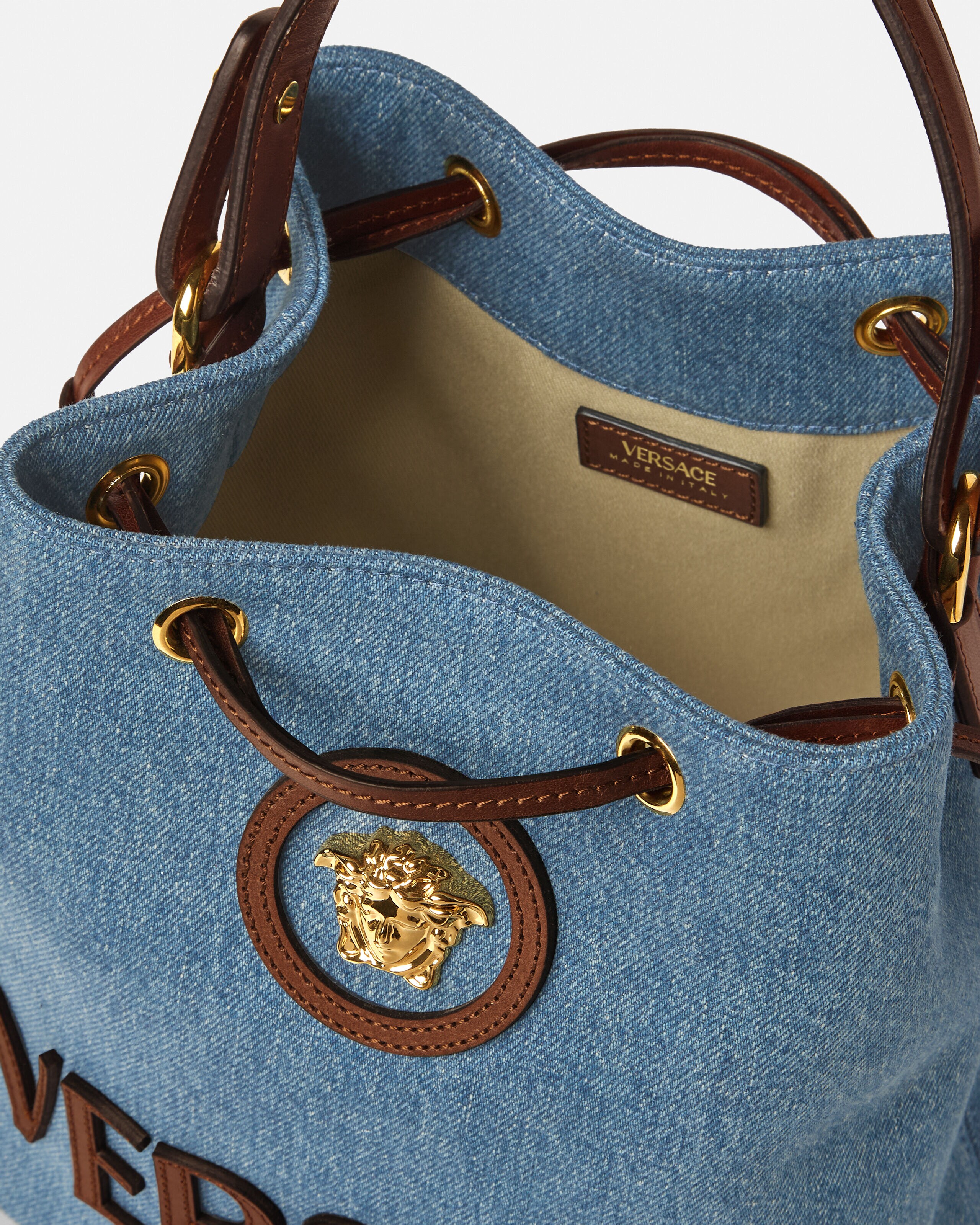 La Medusa Denim Bucket Bag Blue,Brown | VERSACE US