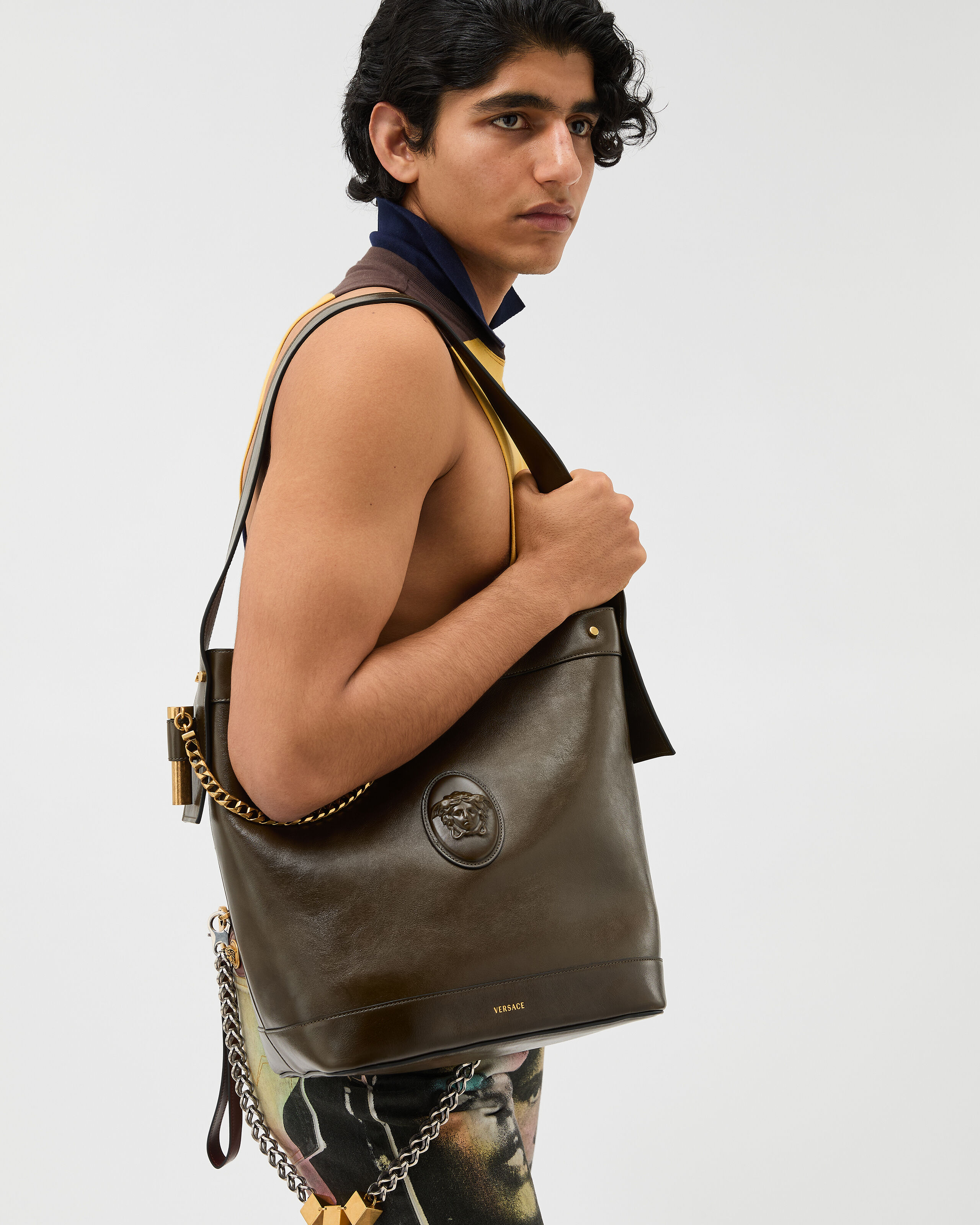 Pivot Large Leather Bucket Bag Green | VERSACE US