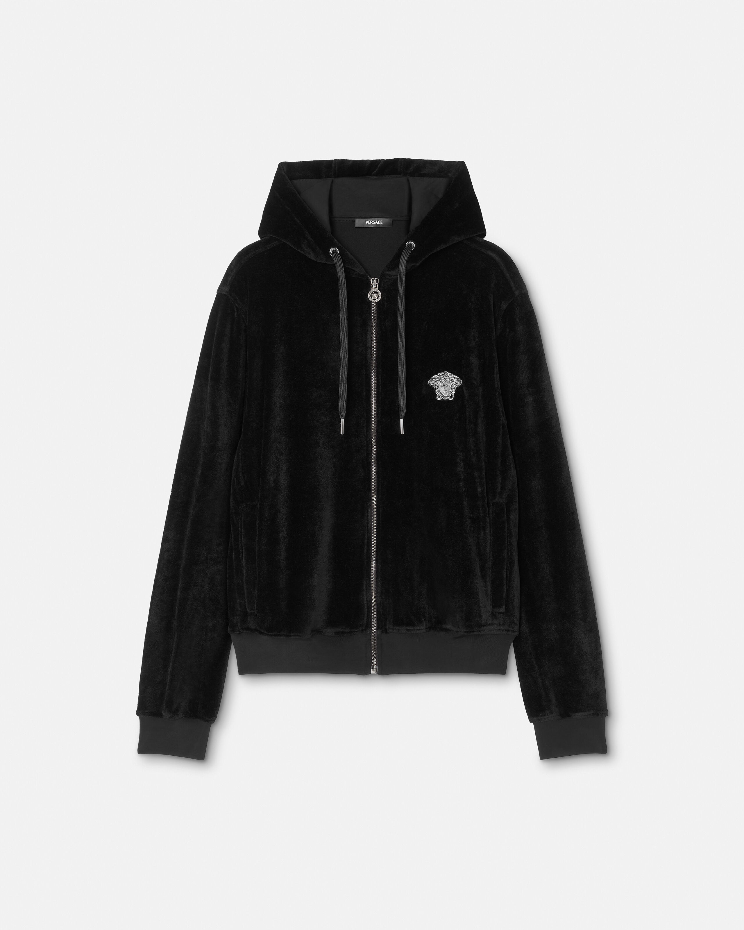 Embroidered Chenille Zip Hoodie Black | VERSACE US