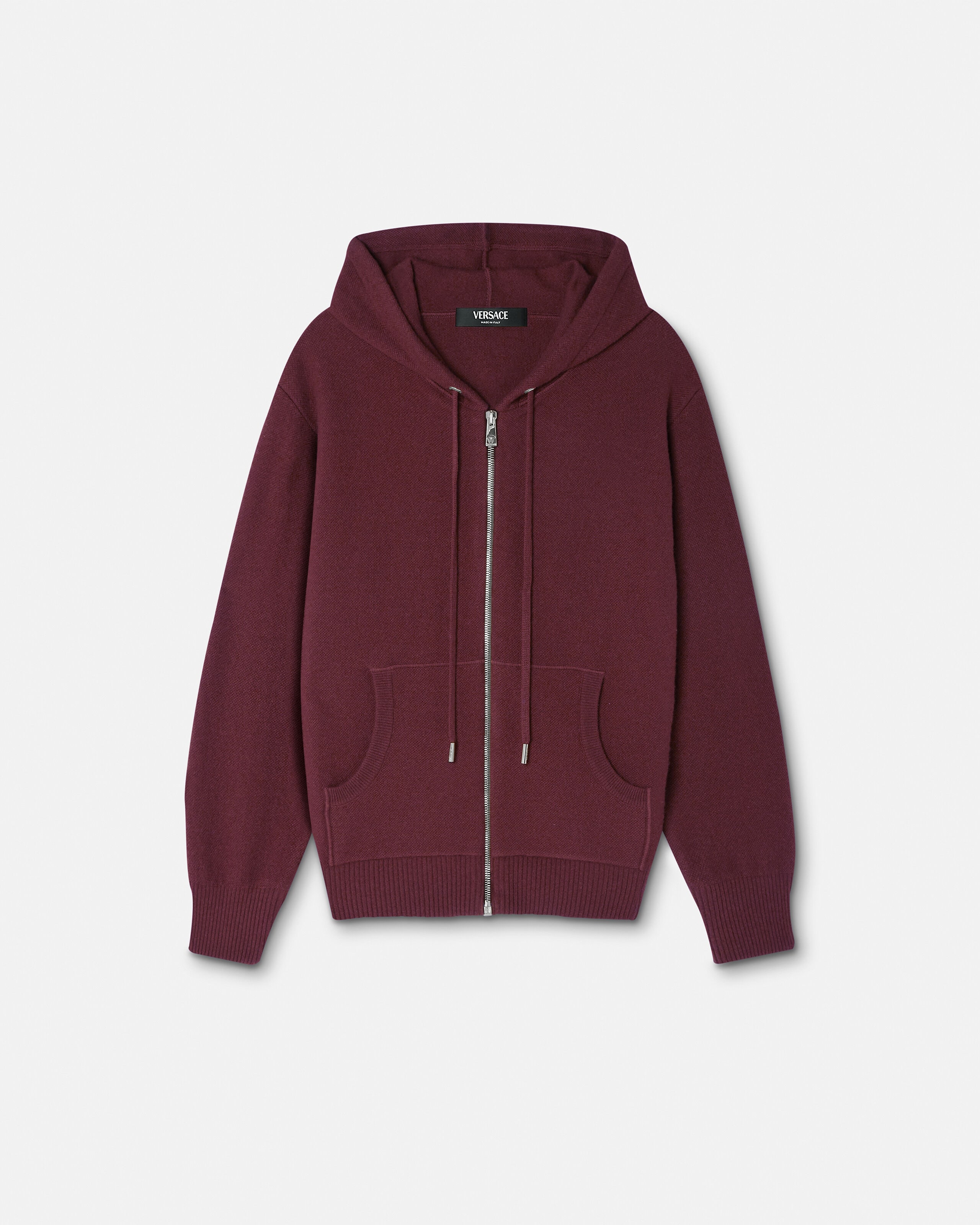 Cashmere-Wool Knit Zip Hoodie Burgundy | VERSACE US