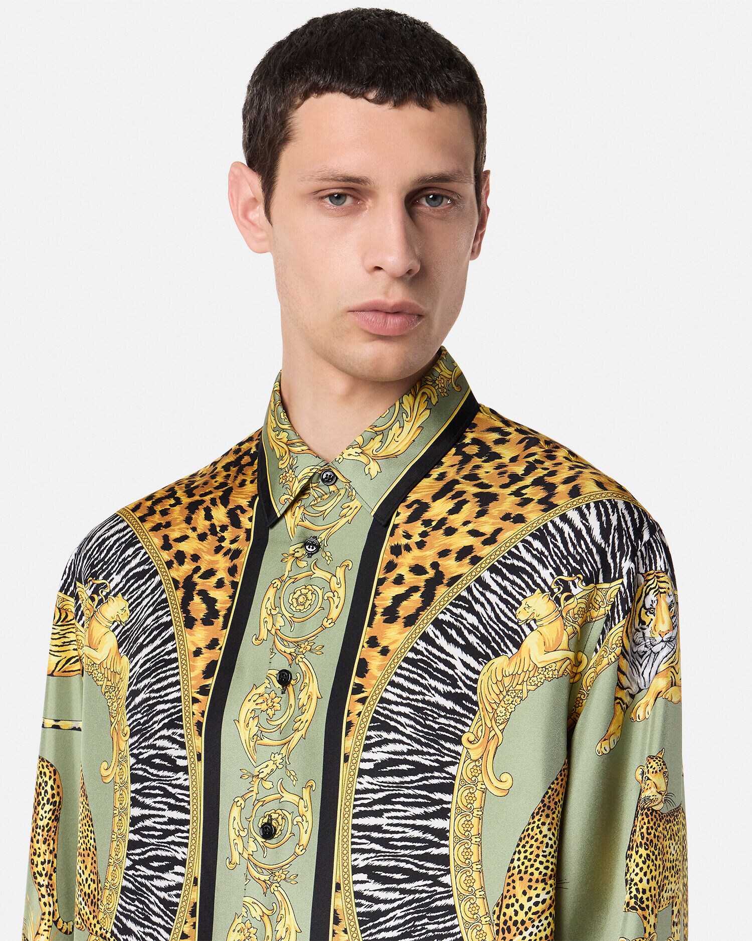 Wild Cats Silk Shirt Green,Black | VERSACE US