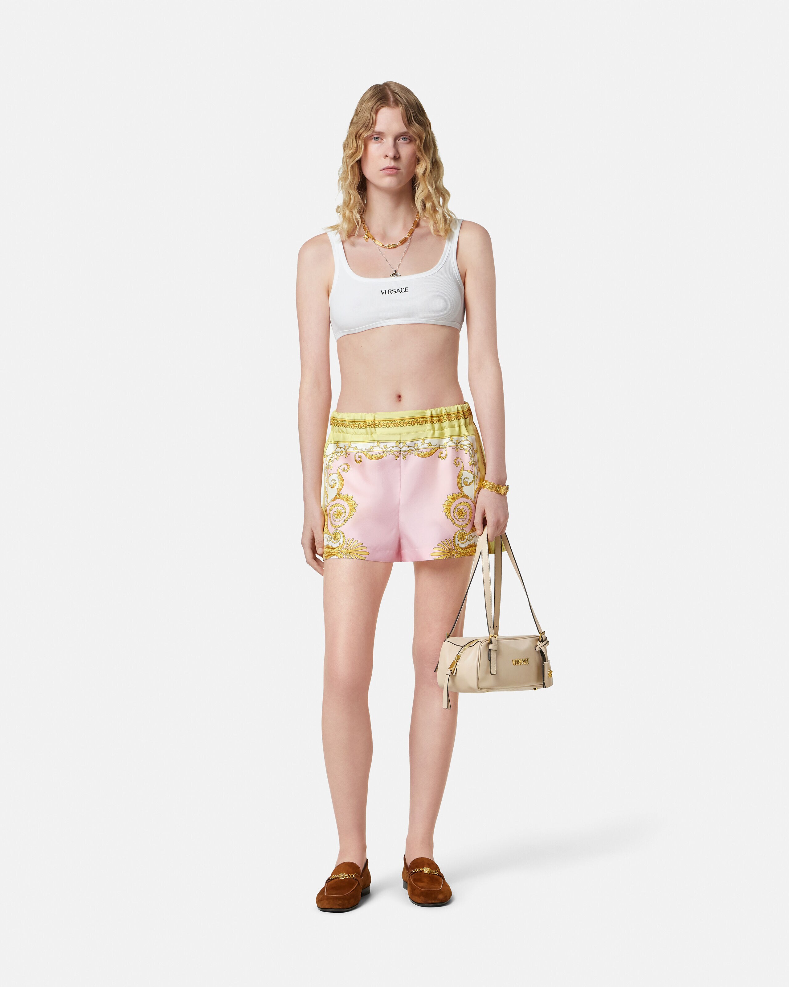 Printed Silk Twill Shorts Yellow,Pink | VERSACE US