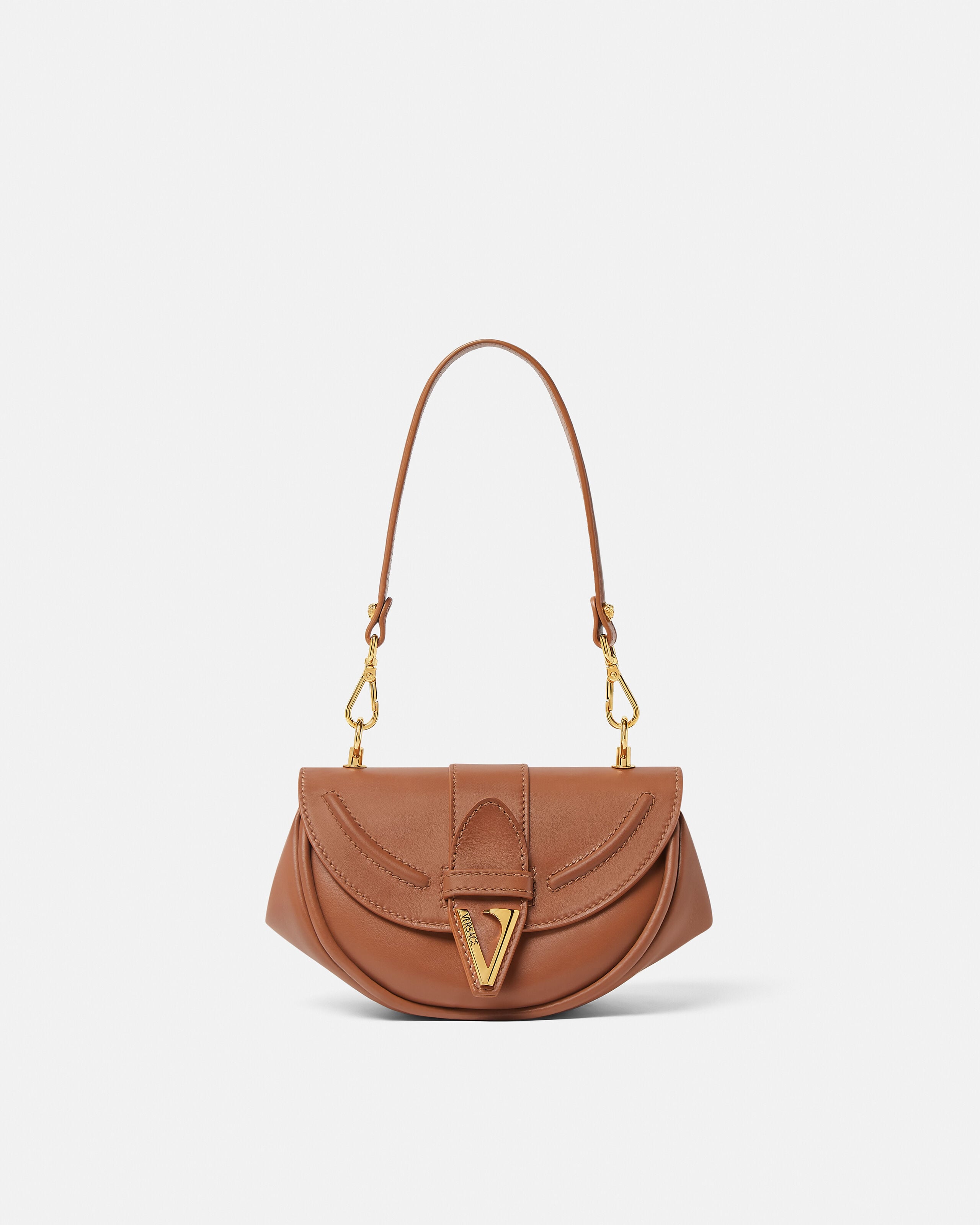 Virtus Small Leather Shoulder Bag Brown | VERSACE