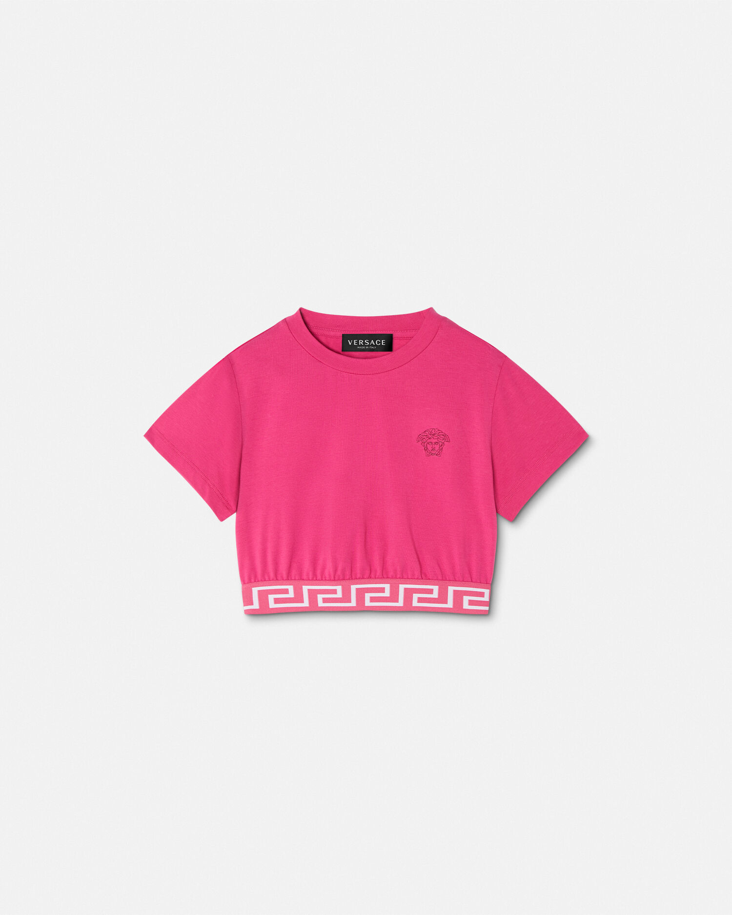 Greca Border Crop Kids T Shirt Pink VERSACE