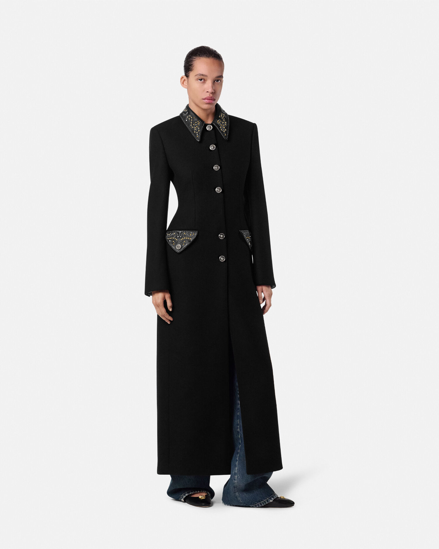 ジャケット・アウター VERSACE Super long coat Studded Felted Wool Fitted Column Coat | VERSACE US