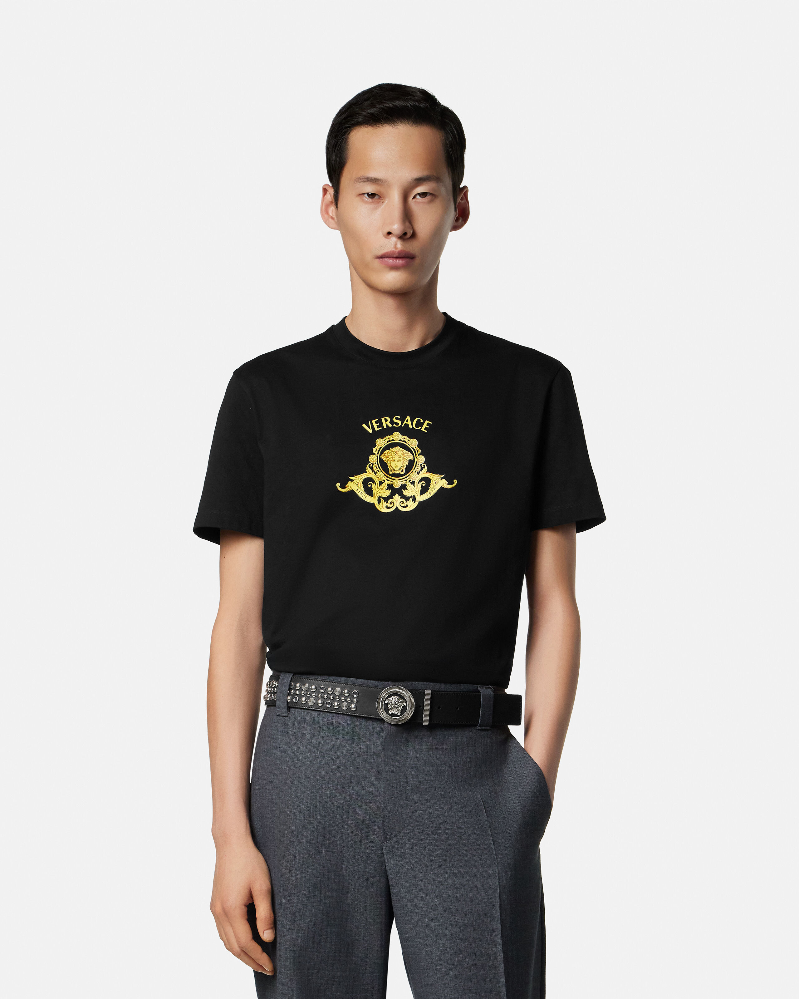Printed Cotton-Jersey Slim T-Shirt Black | VERSACE IN