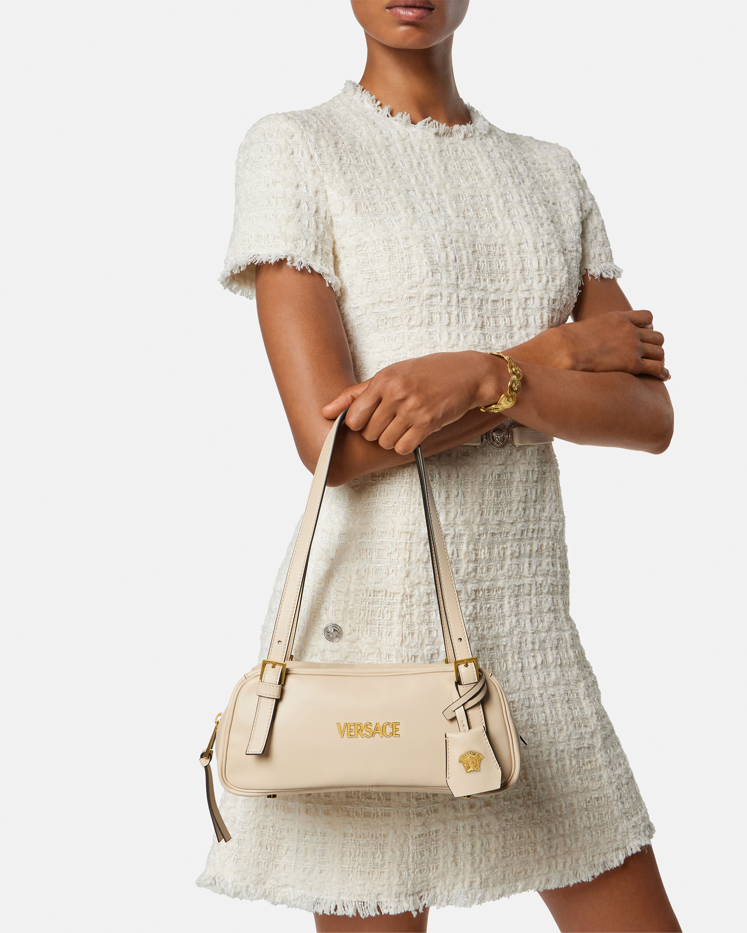 Versace Tag Nappa Bowling Bag Beige | VERSACE US
