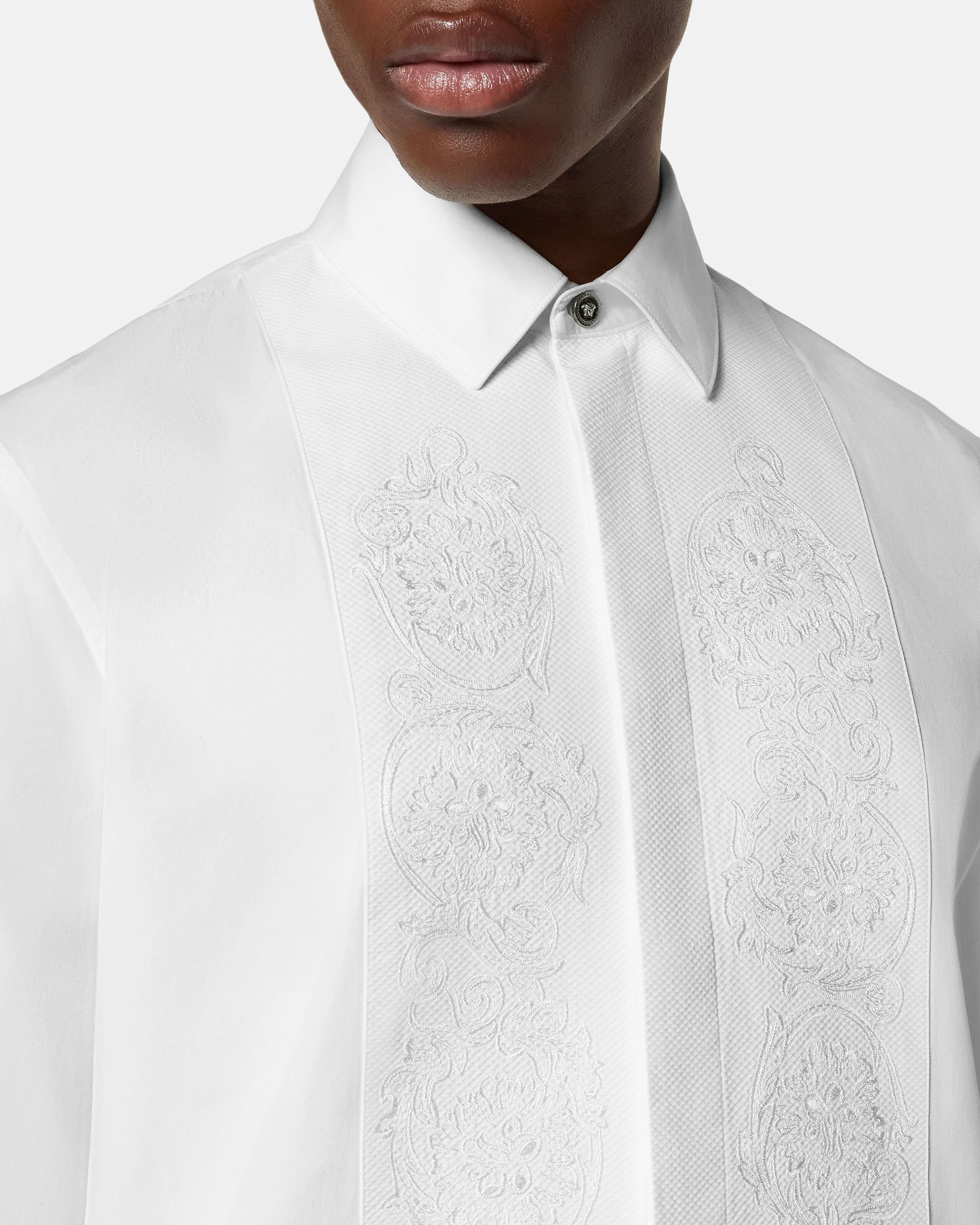Embroidered Cotton-Poplin Evening Shirt White | VERSACE US