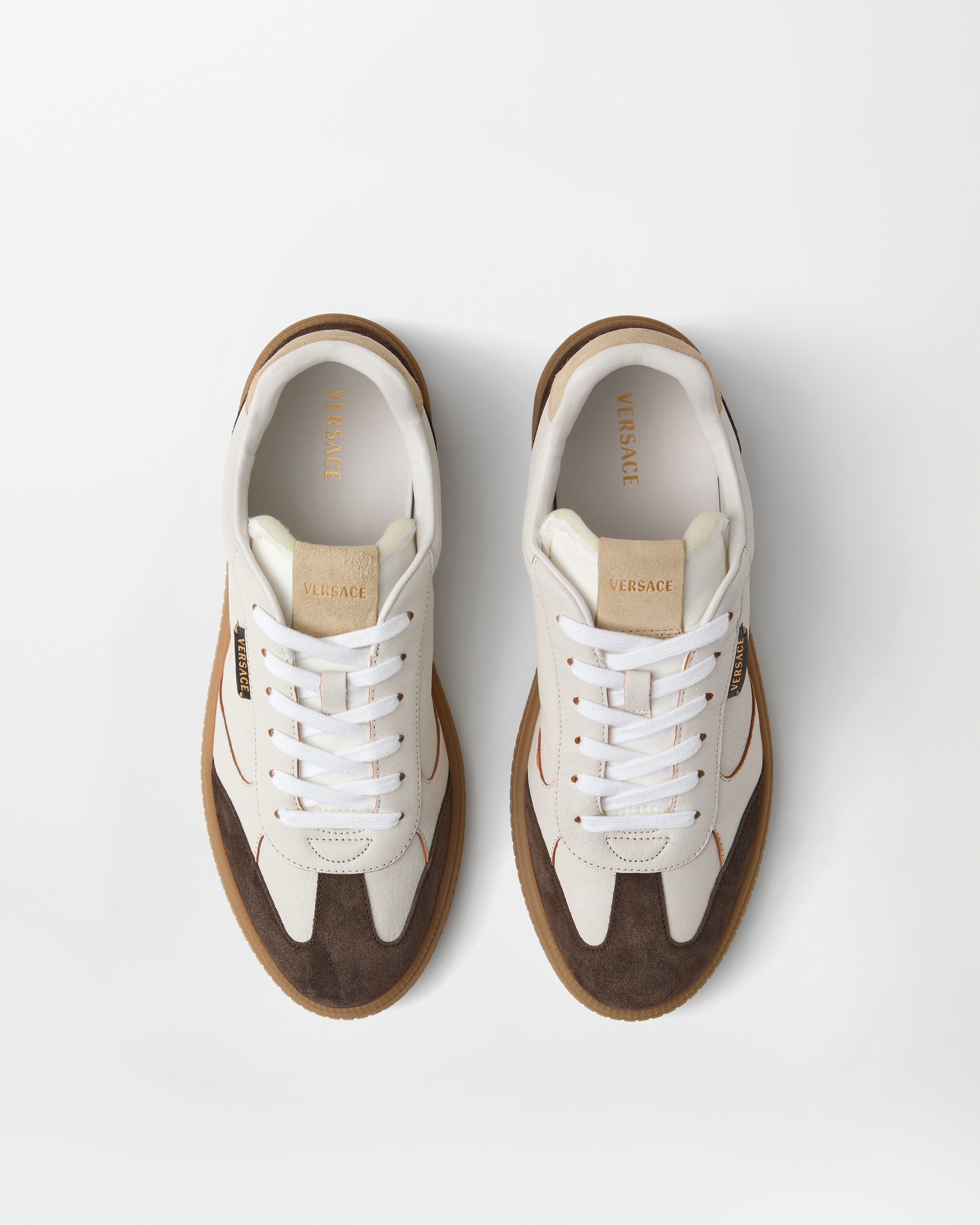 Greca Court Nappa & Suede Sneakers Brown,White | VERSACE US