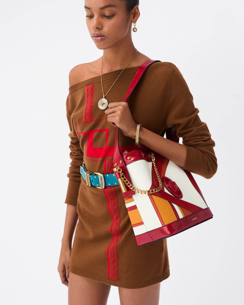 Pivot Small Leather Patchwork Bucket Bag  Red+White 7