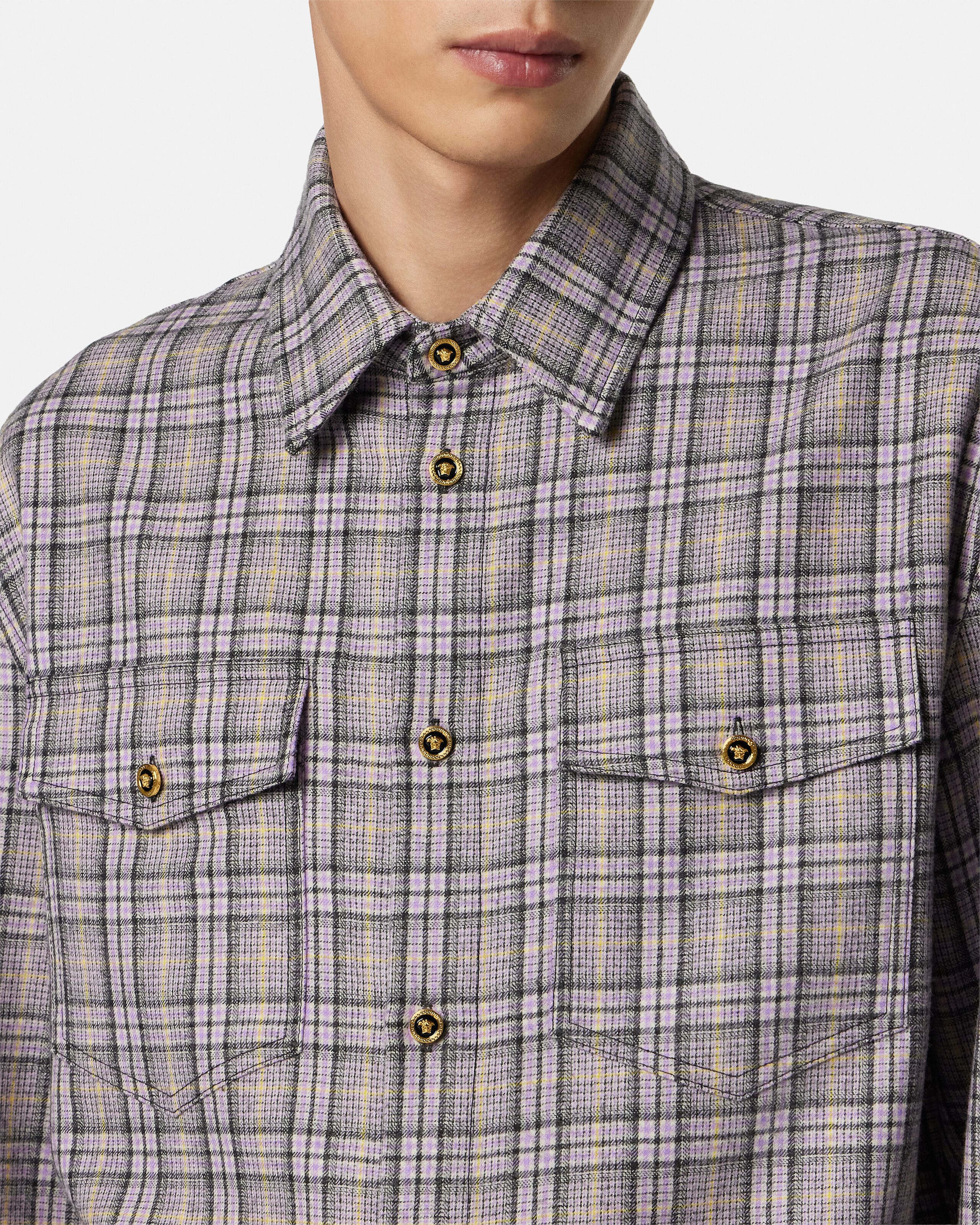 Checked Wool Flannel Shirt Yellow,Purple | VERSACE US