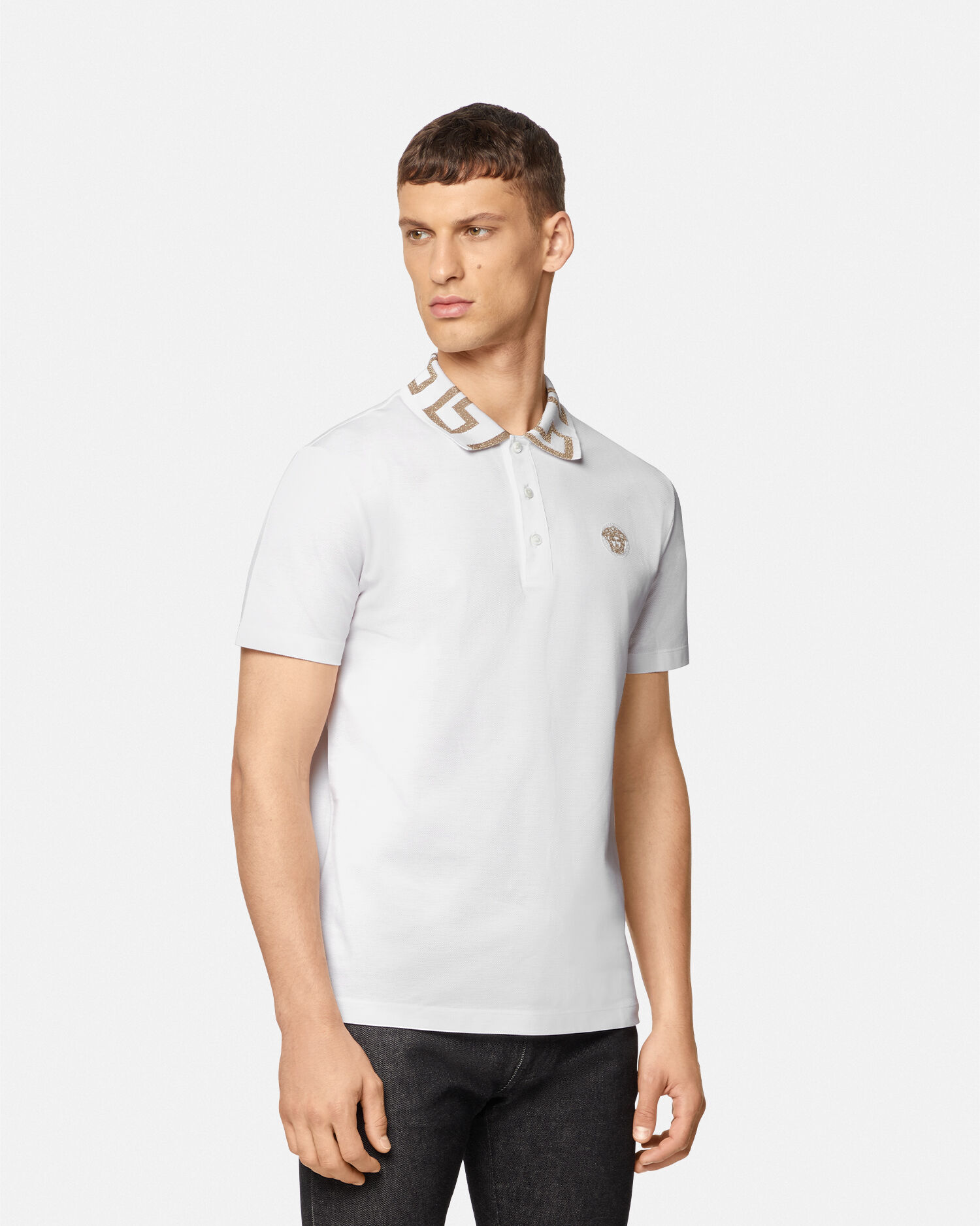 Embroidered Cotton Piqué Polo White | VERSACE US