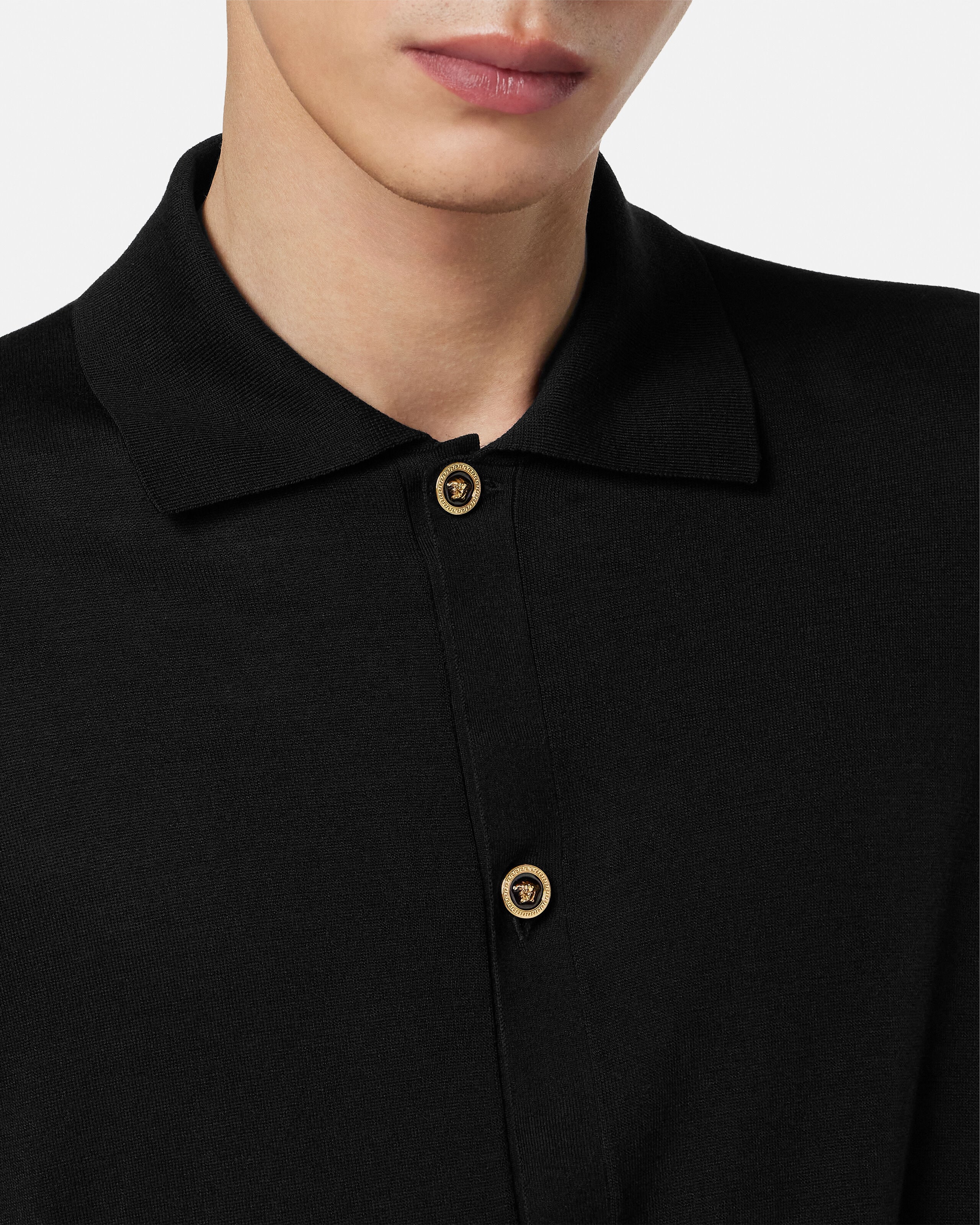 Silk-Cotton Knit Polo Cardigan Black | VERSACE US