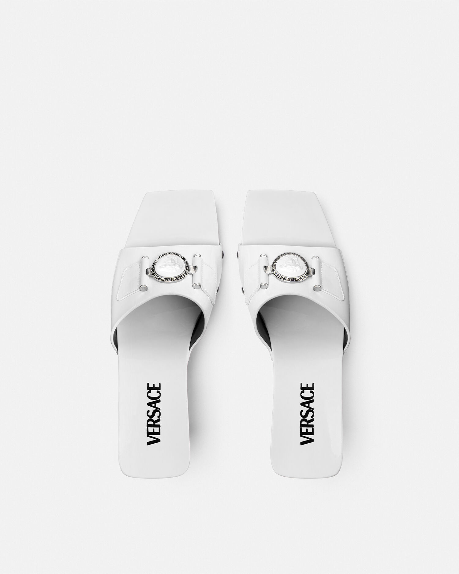 Medusa Buckle Patent Clogs 60 mm White VERSACE