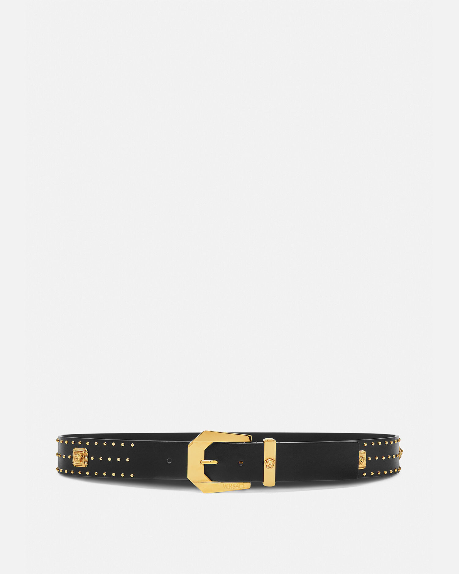 Medusa Heritage Embellished Leather Belt 4 cm Black,Gold | VERSACE US