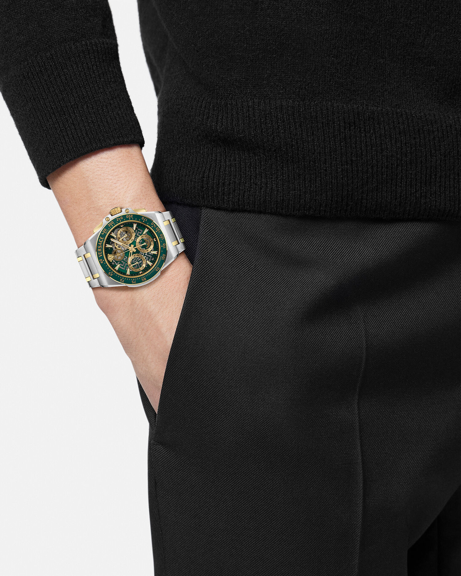 Greca Extreme Chrono Skeleton Watch Silver,Green | VERSACE