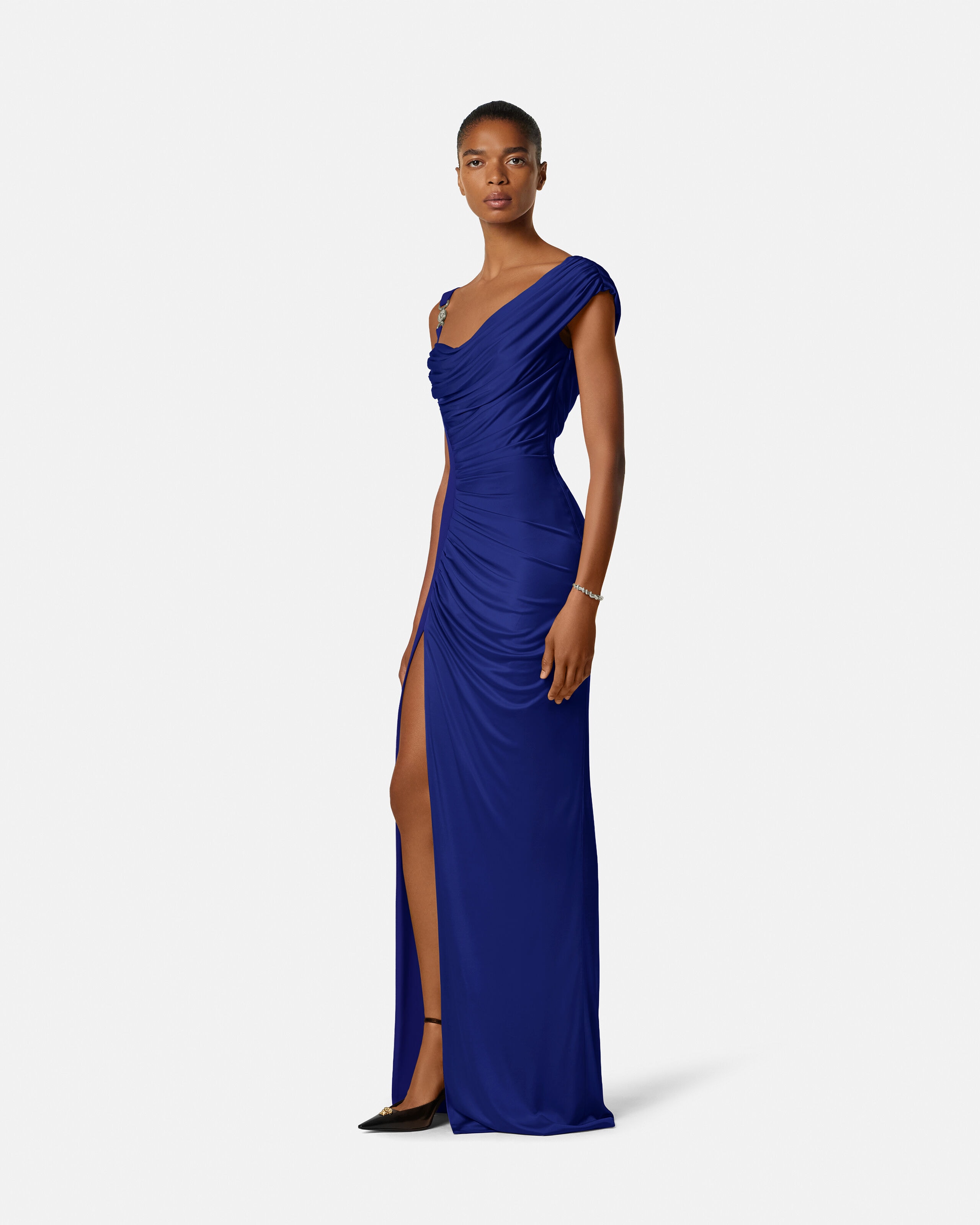 Viscose Liquid Jersey Draped Gown Blue | VERSACE US