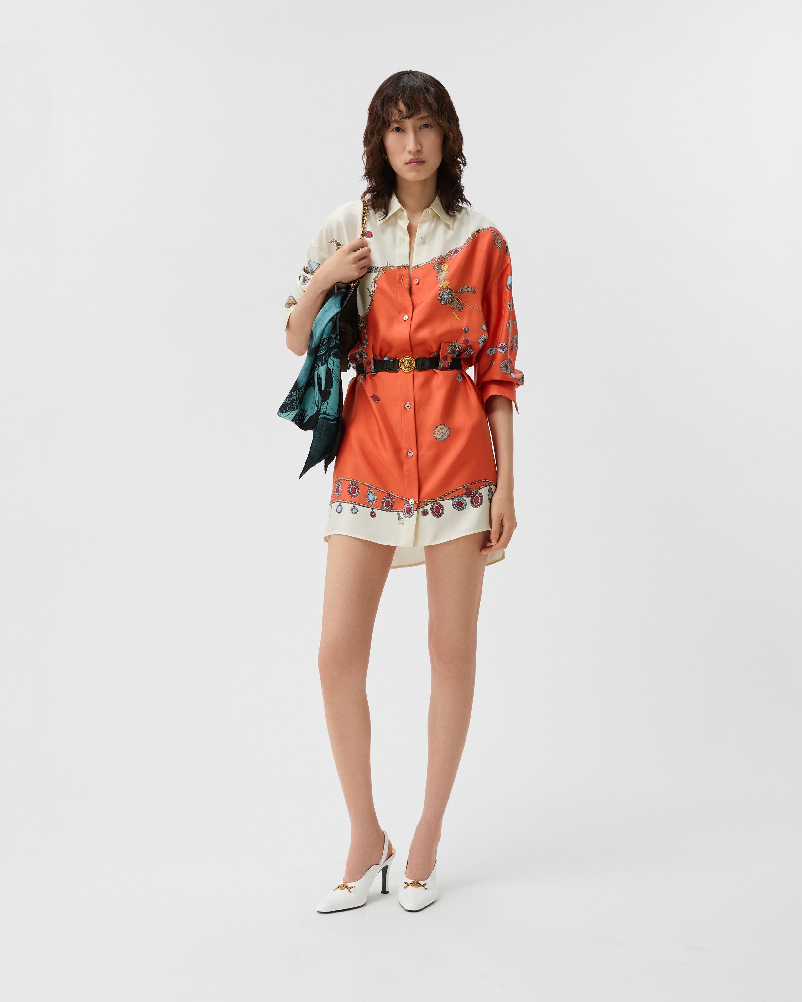 VERSACE シルクインサートミニドレス ミニワンピース　36(XS) Printed Silk Twill Mini Dress Orange | VERSACE US