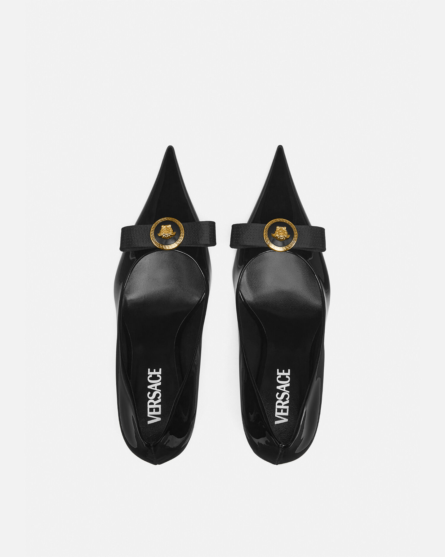 Gianni Ribbon Patent Pumps 85 mm Black,Gold | VERSACE US