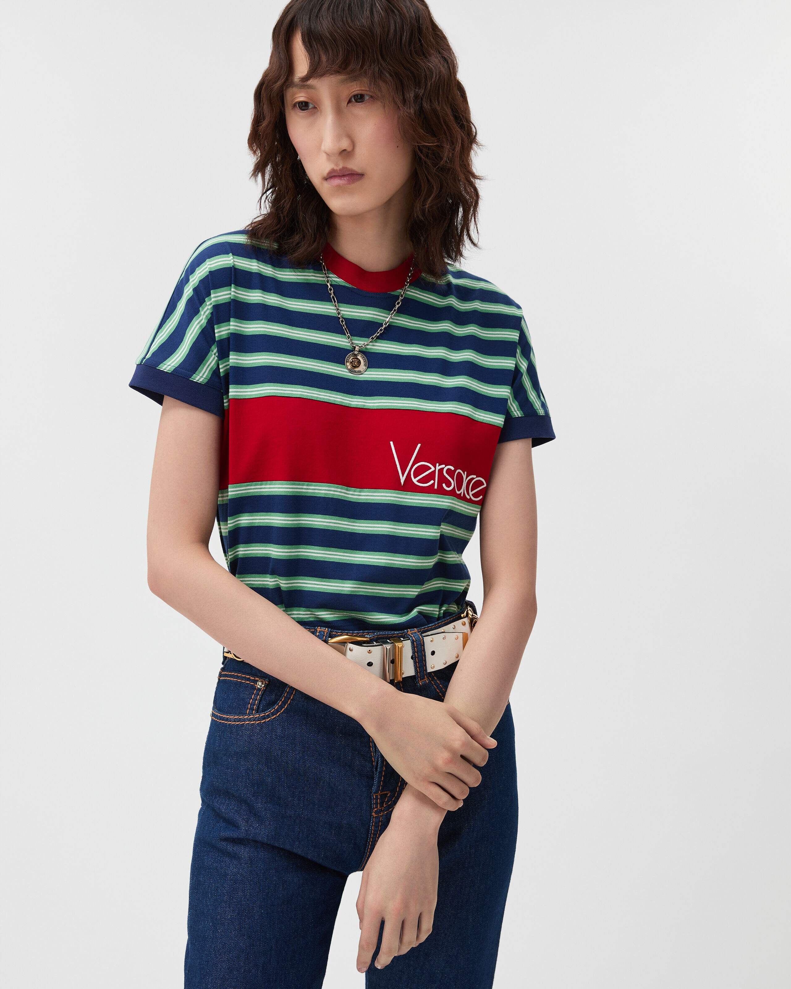 Embroidered-Logo Striped-Intarsia Cotton T-Shirt Blue,Red | VERSACE US