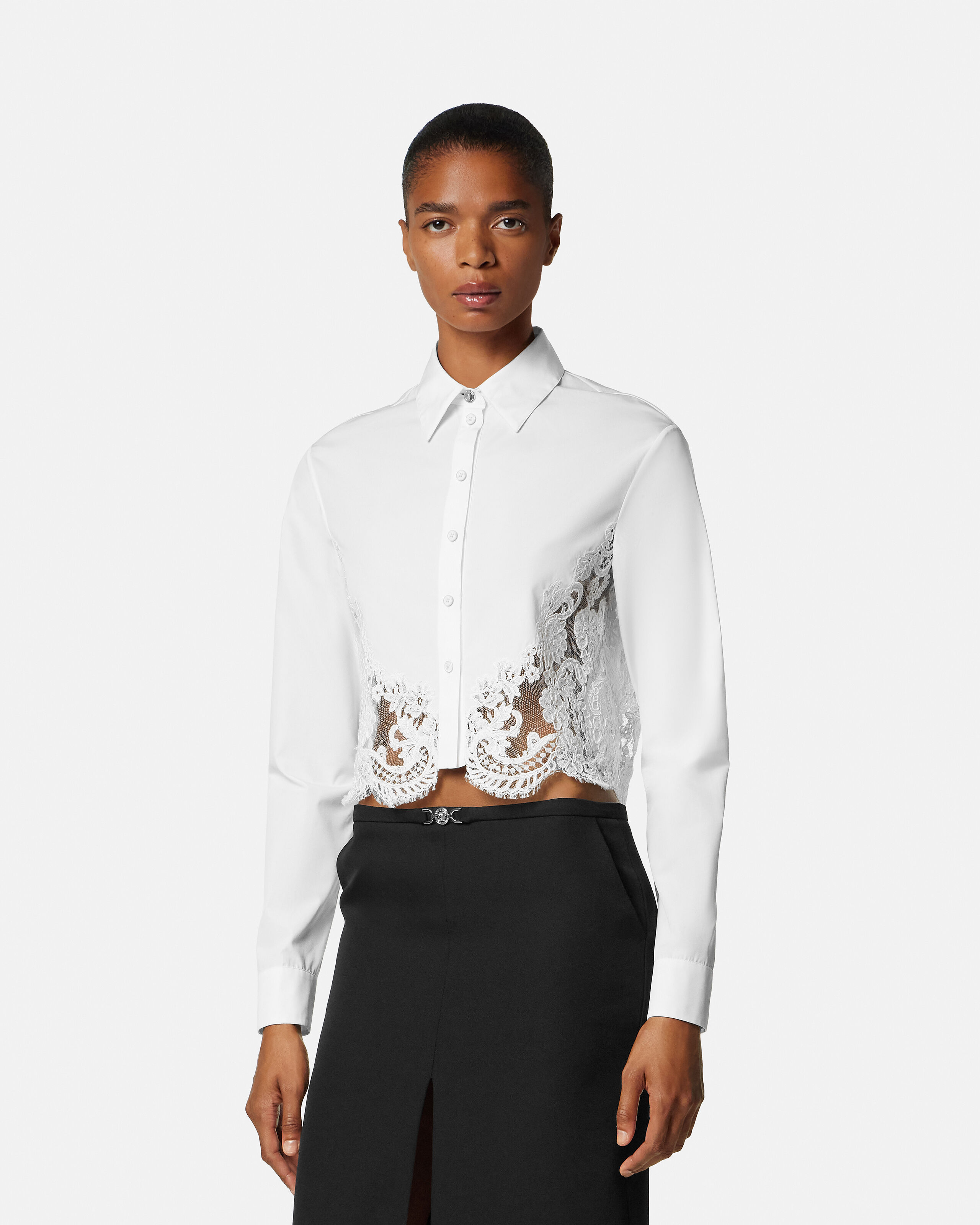 Lace-Trim Cotton-Poplin Shirt White | VERSACE US