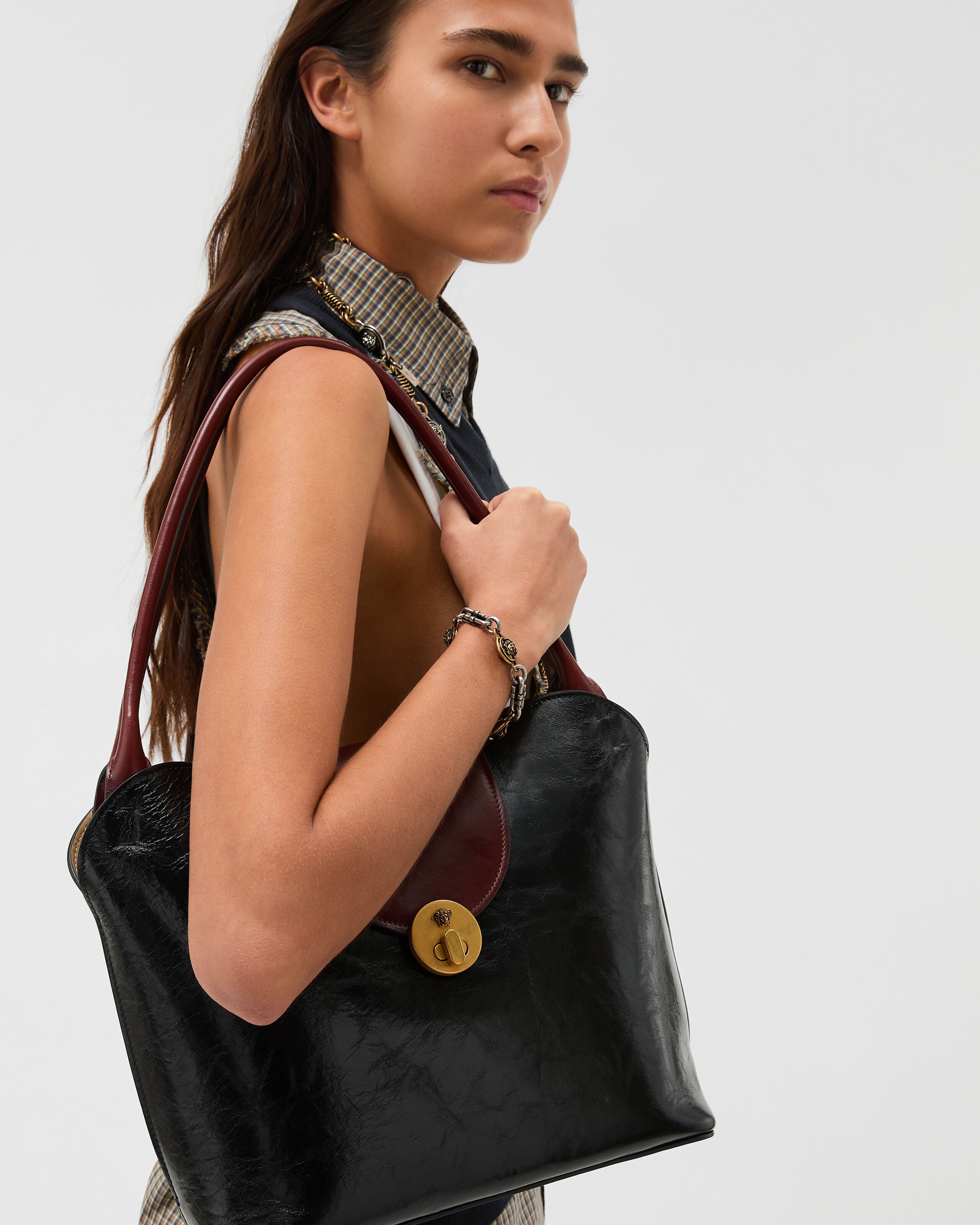 Vivian Leather Shoulder Bag Black,Brown | VERSACE US