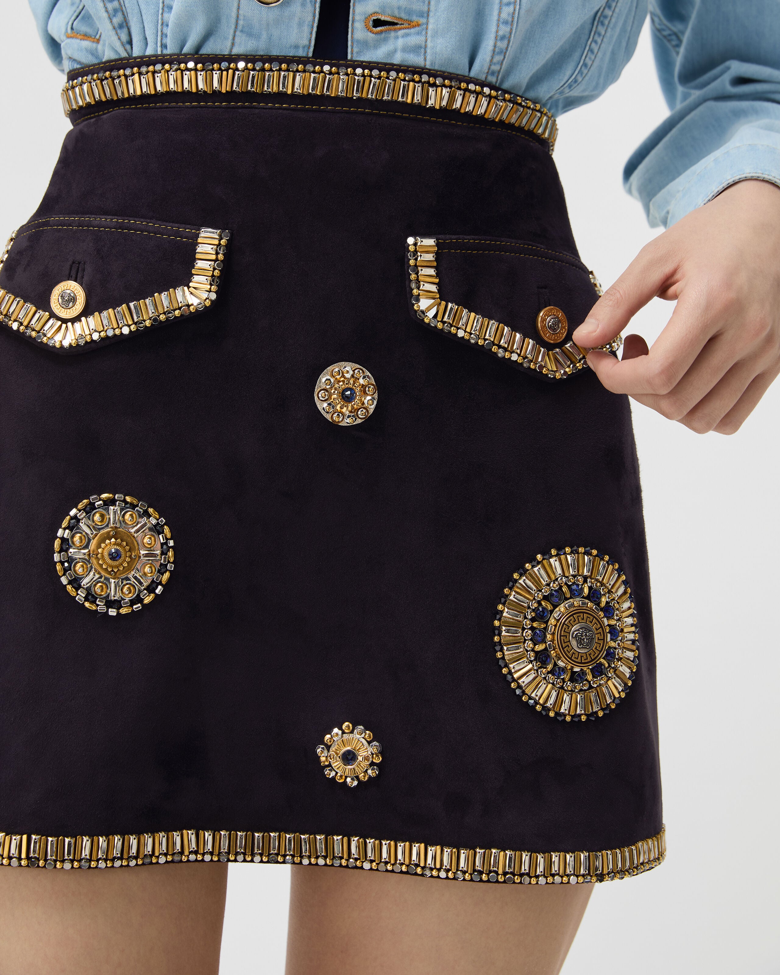 Embroidered Suede Mini Skirt Blue | VERSACE US