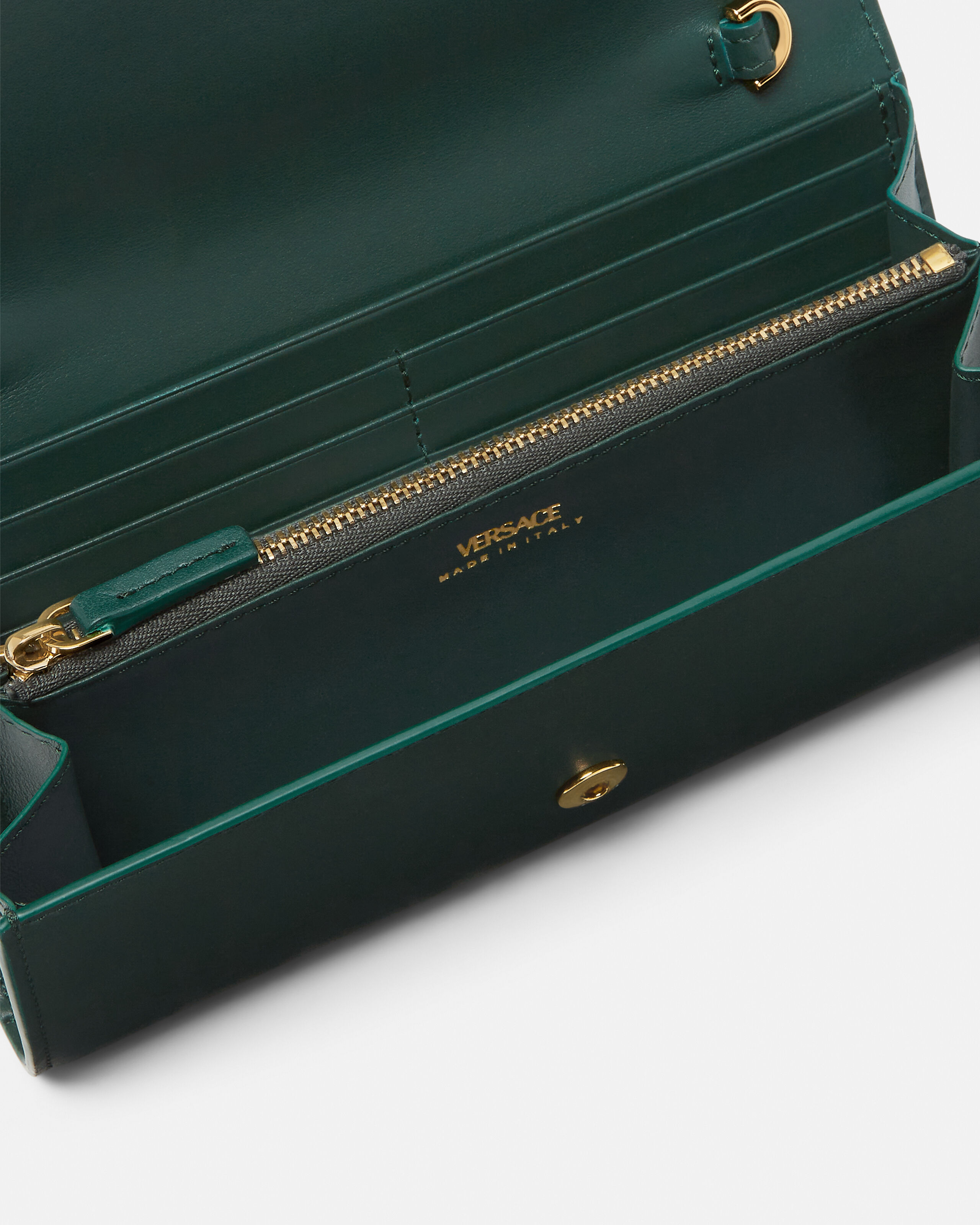 V Leather Wallet On Chain Green | VERSACE US