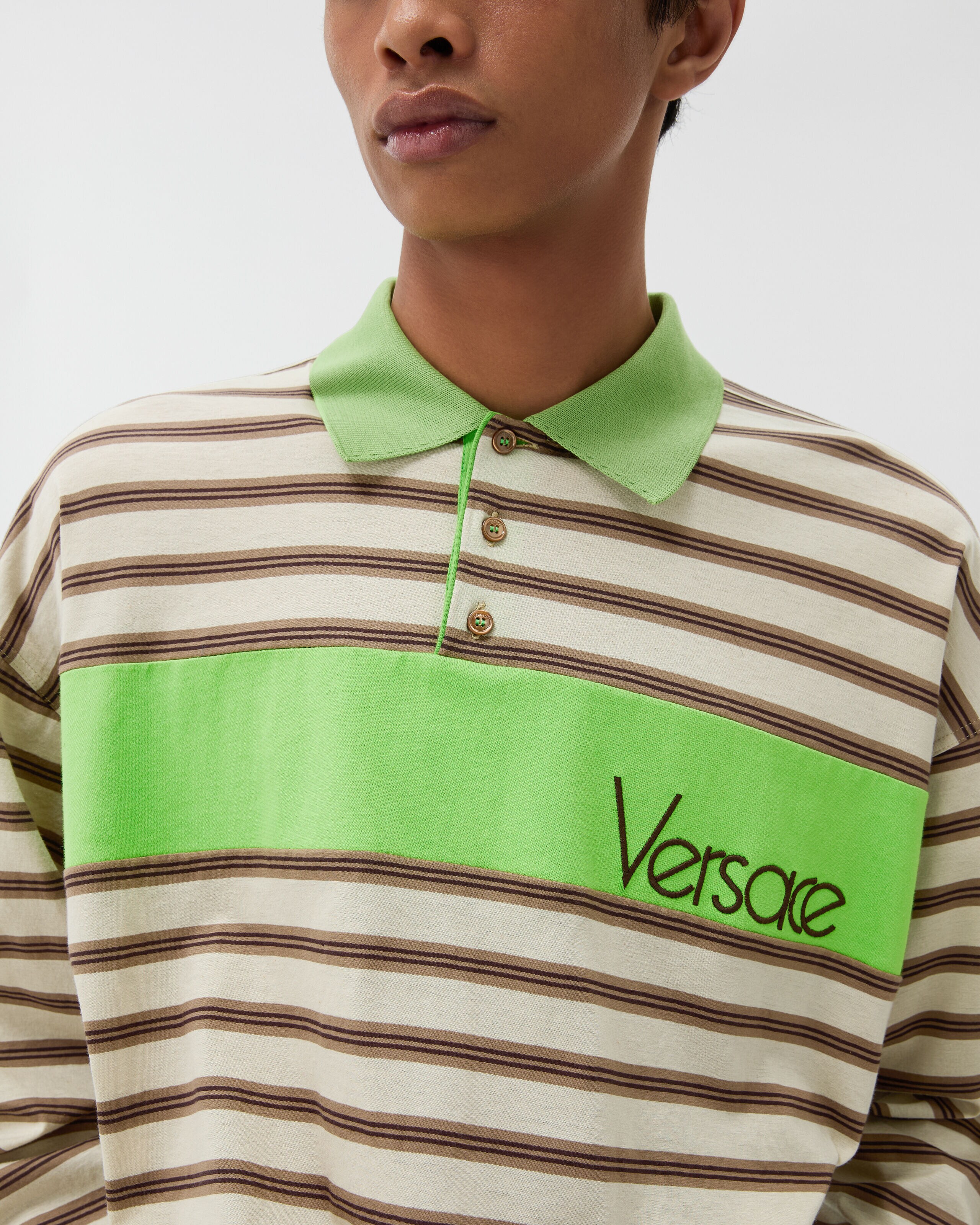 Embroidered-Logo Striped-Intarsia Cotton Polo Green,Brown | VERSACE