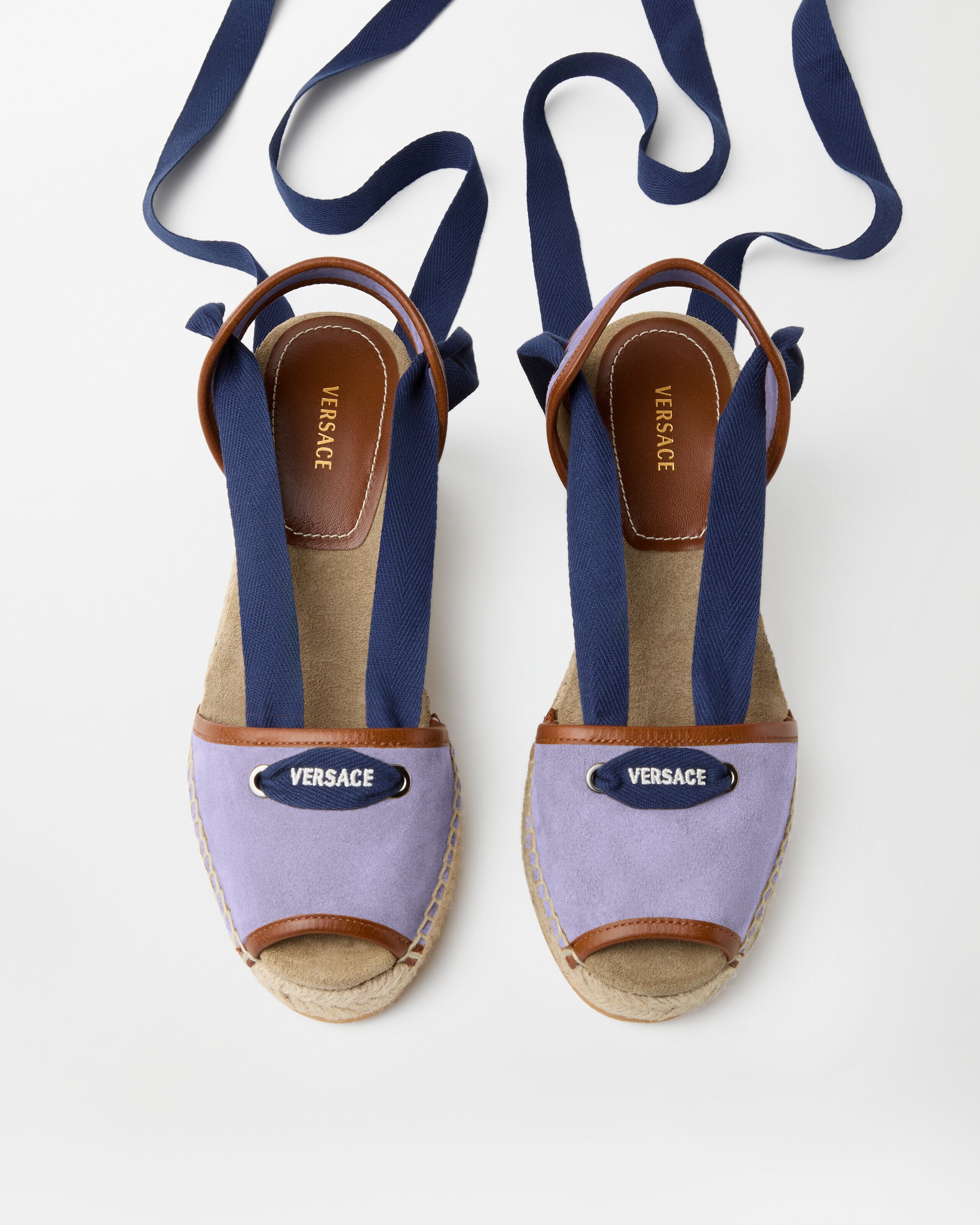 Lola Suede Wedge Sandals 65 mm Purple | VERSACE US