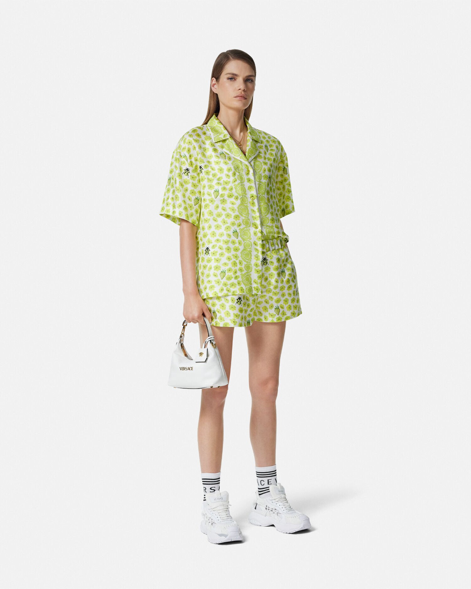 Strawberry Garden Silk Shirt Yellow,Print | VERSACE US
