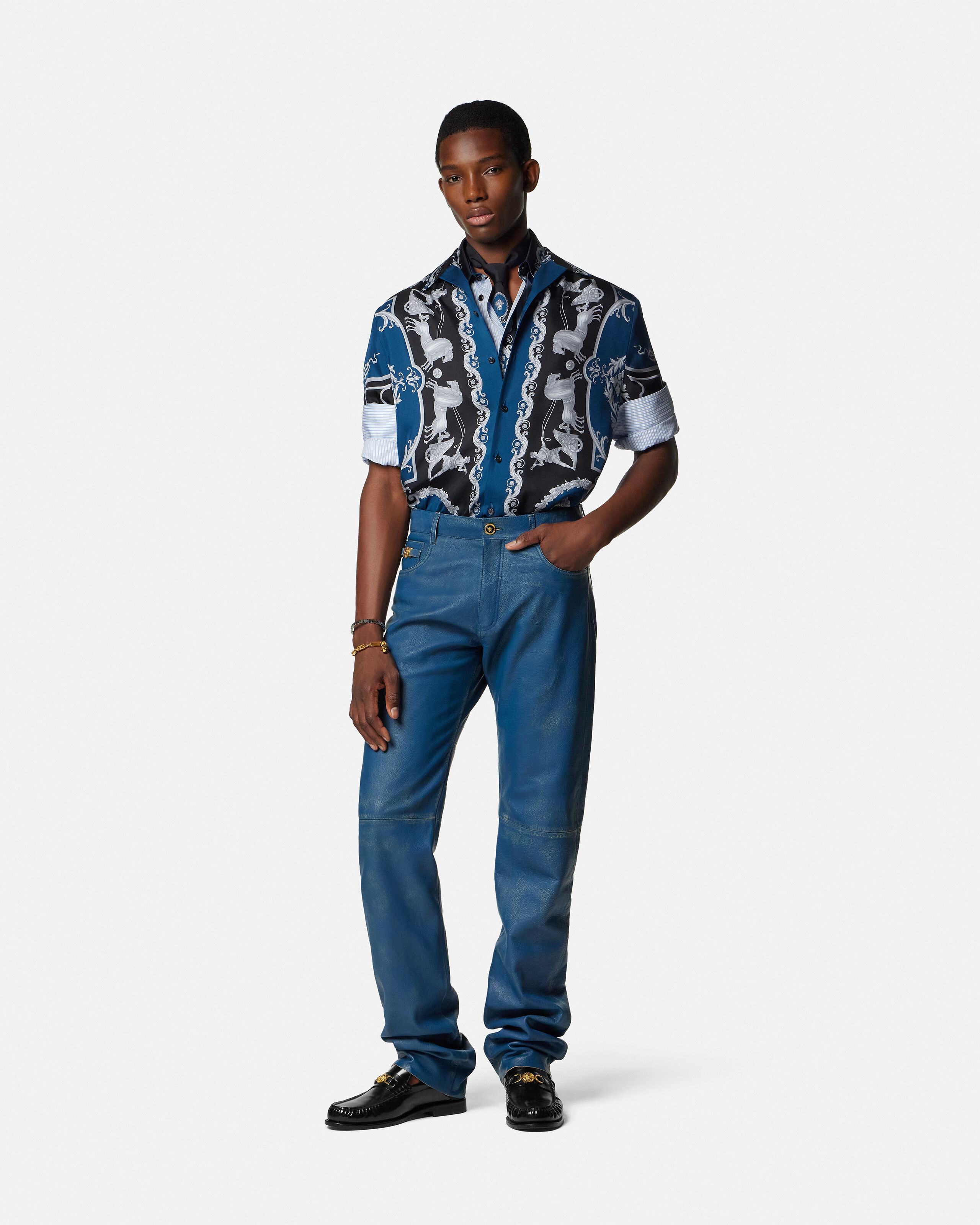 Printed Silk Twill Slim Shirt Black,Blue | VERSACE US
