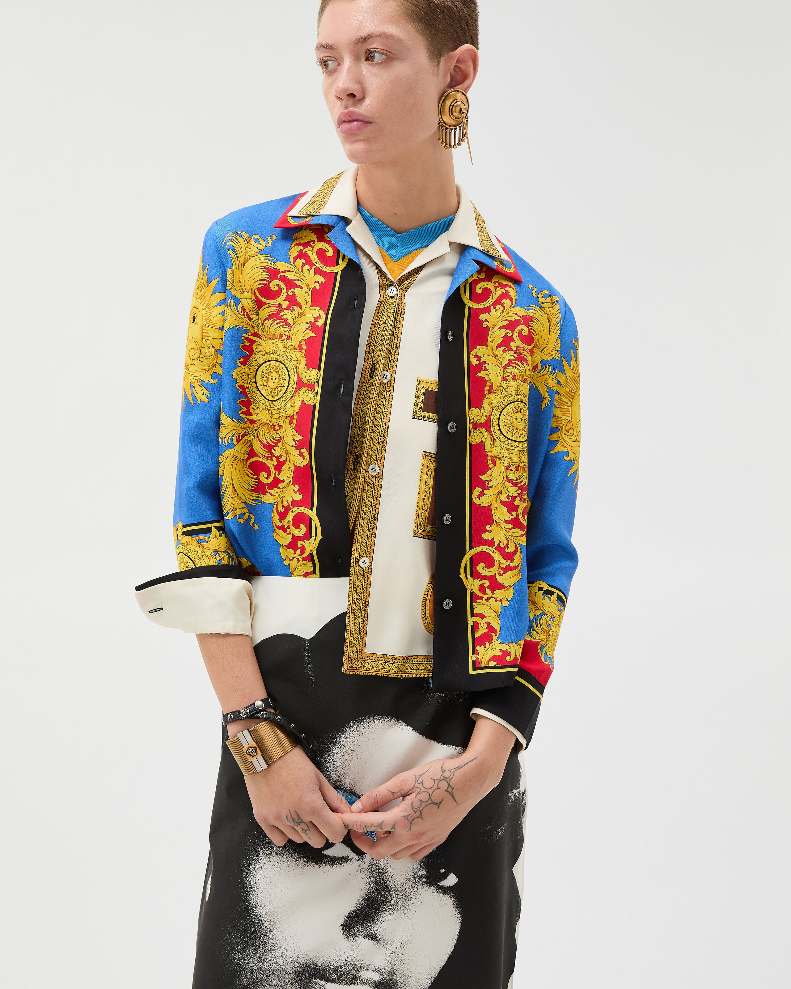 Printed Silk Twill Shirt Blue,Print | VERSACE CA