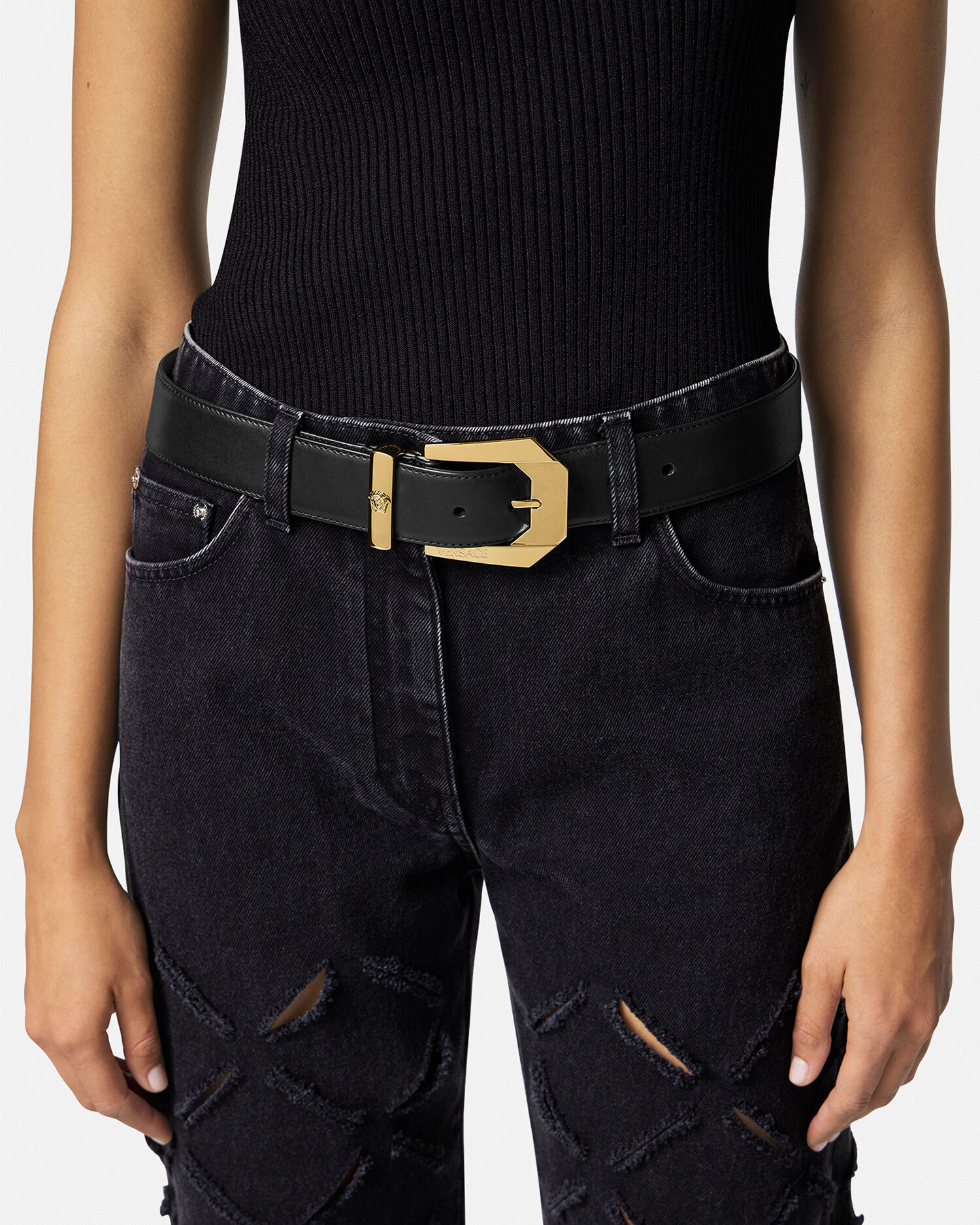 Ceinture Medusa Heritage en cuir Noir Or VERSACE