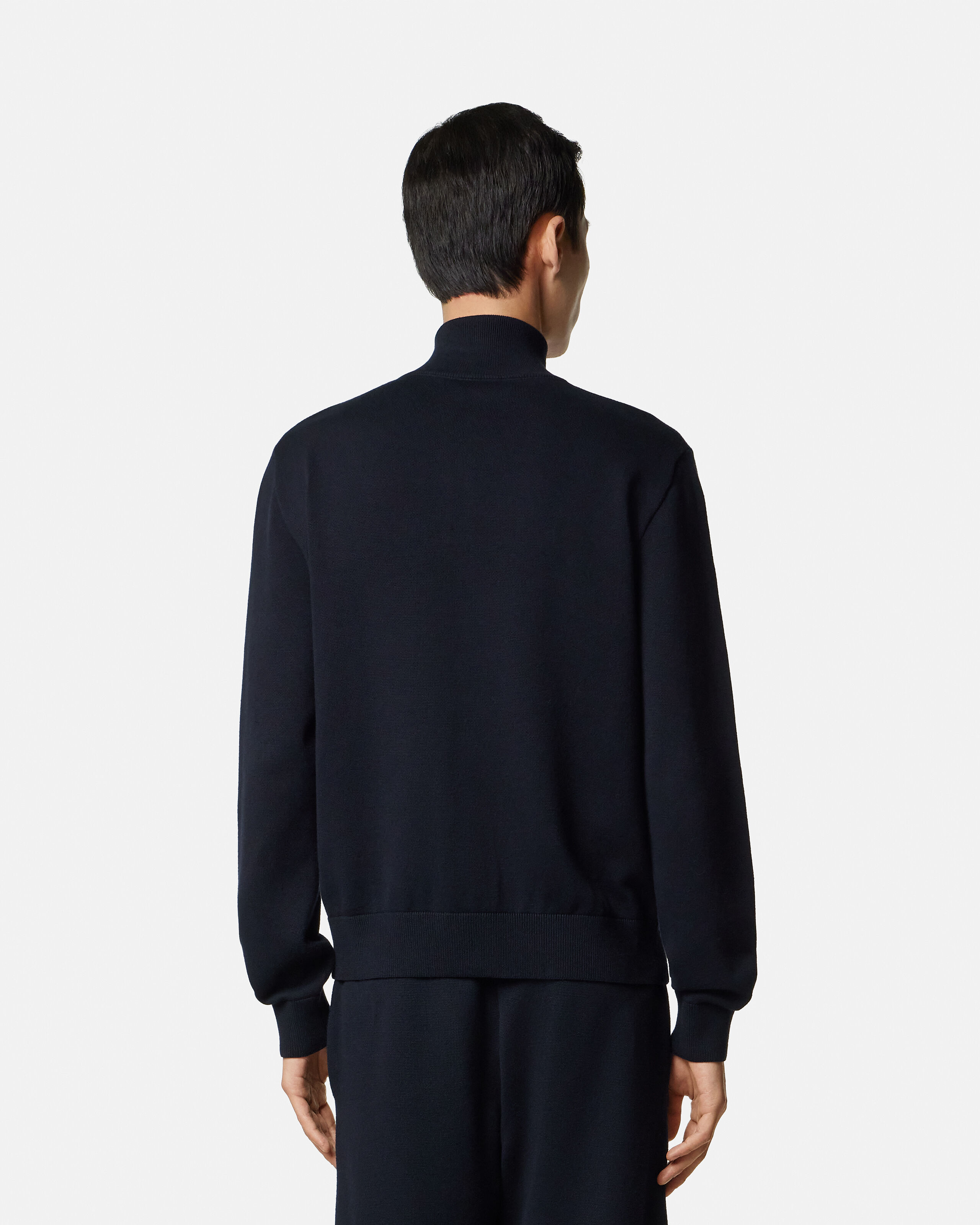 Cashmere-Cotton Knit Zip Sweater Blue | VERSACE US