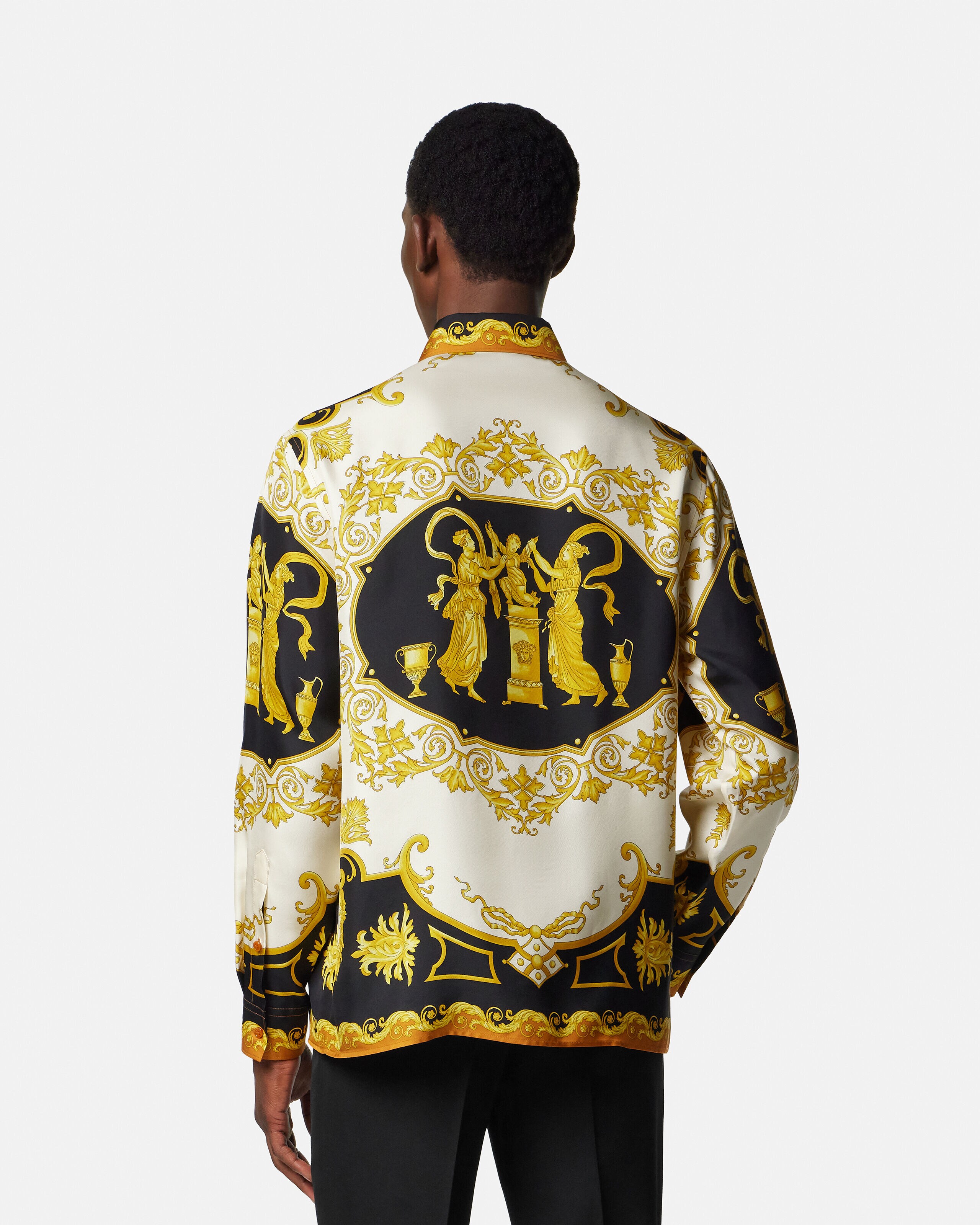 Printed Silk Twill Regular Shirt Black,Gold | VERSACE US