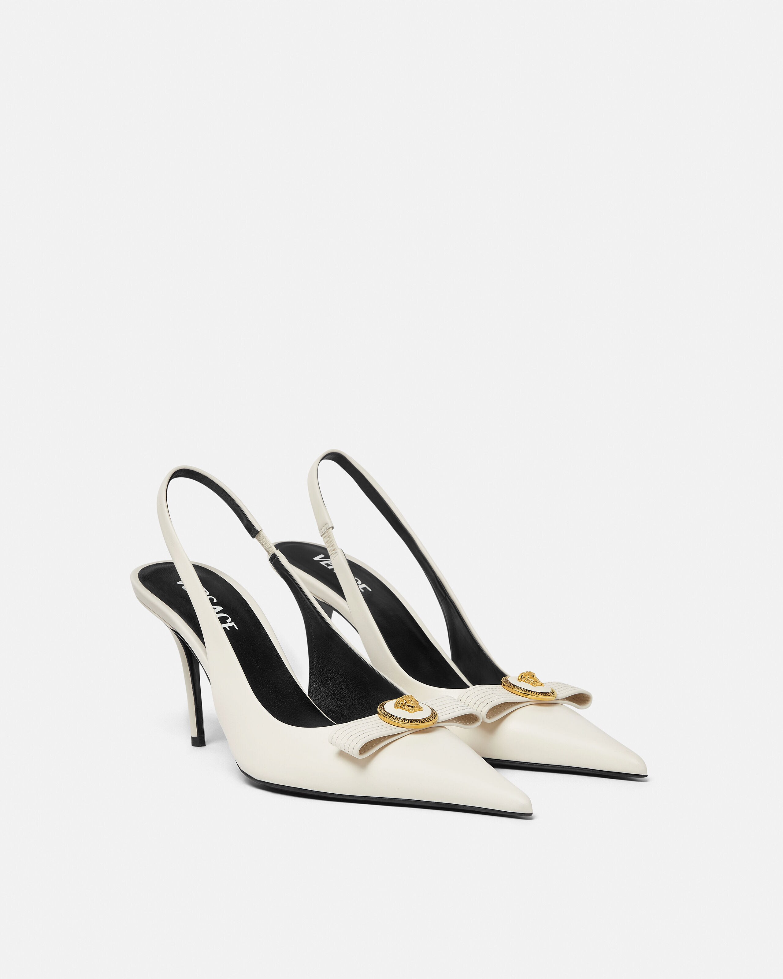 Gianni Ribbon Leather Slingbacks 85 mm White,Gold | VERSACE US Gianni Ribbon Leather Slingbacks 85 mm White,Gold | VERSACE US